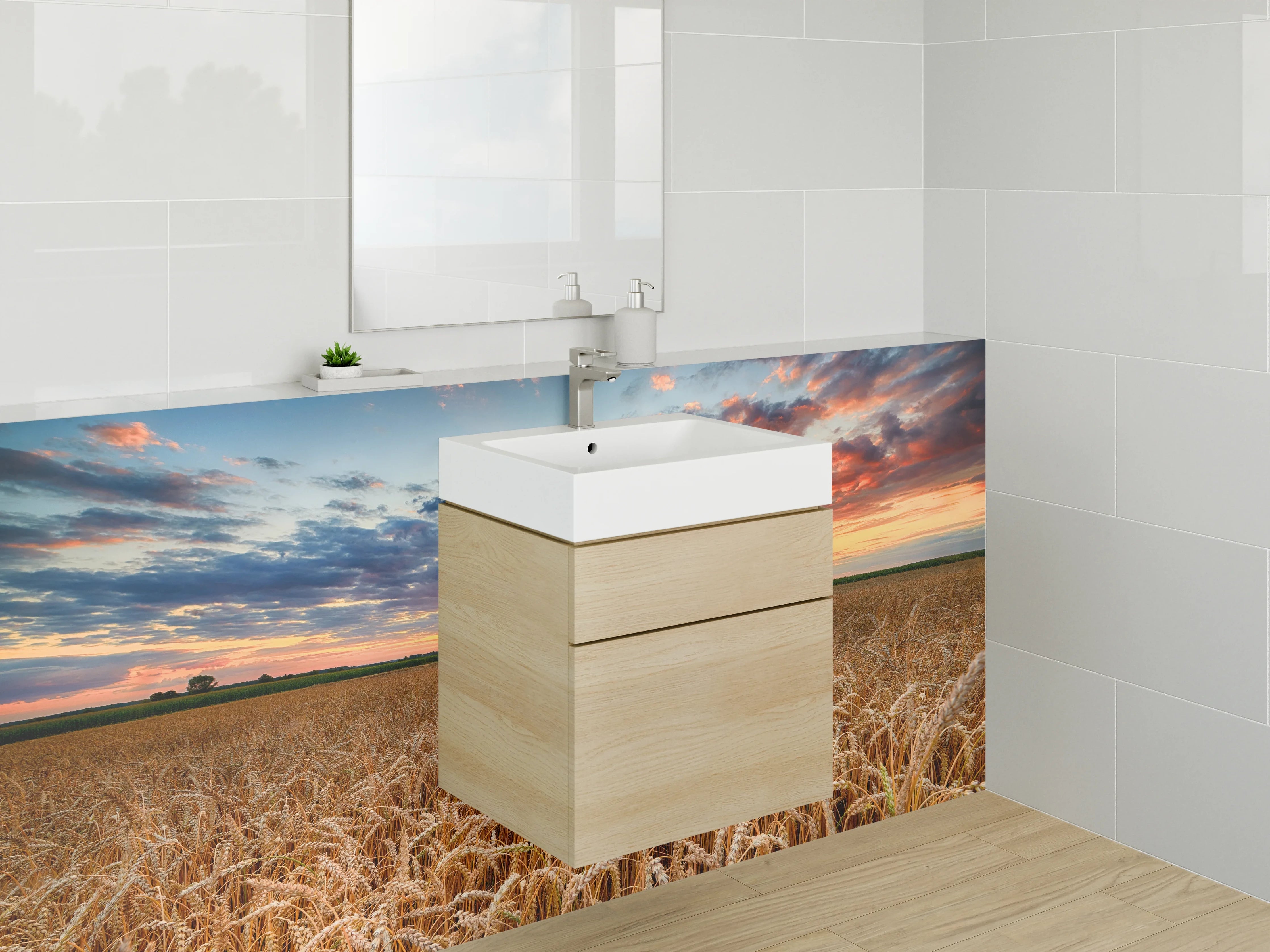 Waschbecken-Rückwand - Weizenfeld im Sonnenuntergang Panorama
