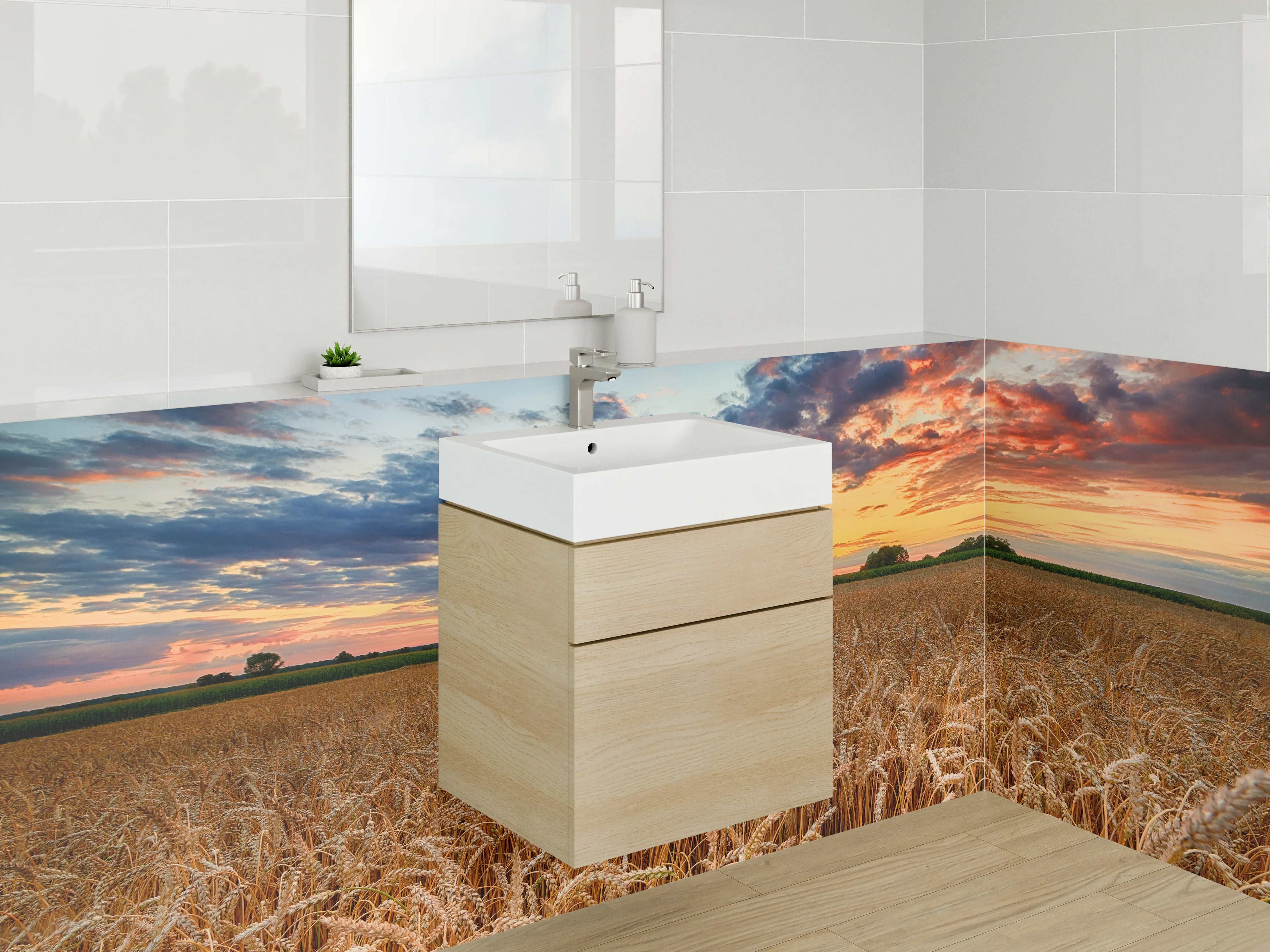 Waschbecken-Rückwand - Weizenfeld im Sonnenuntergang Panorama