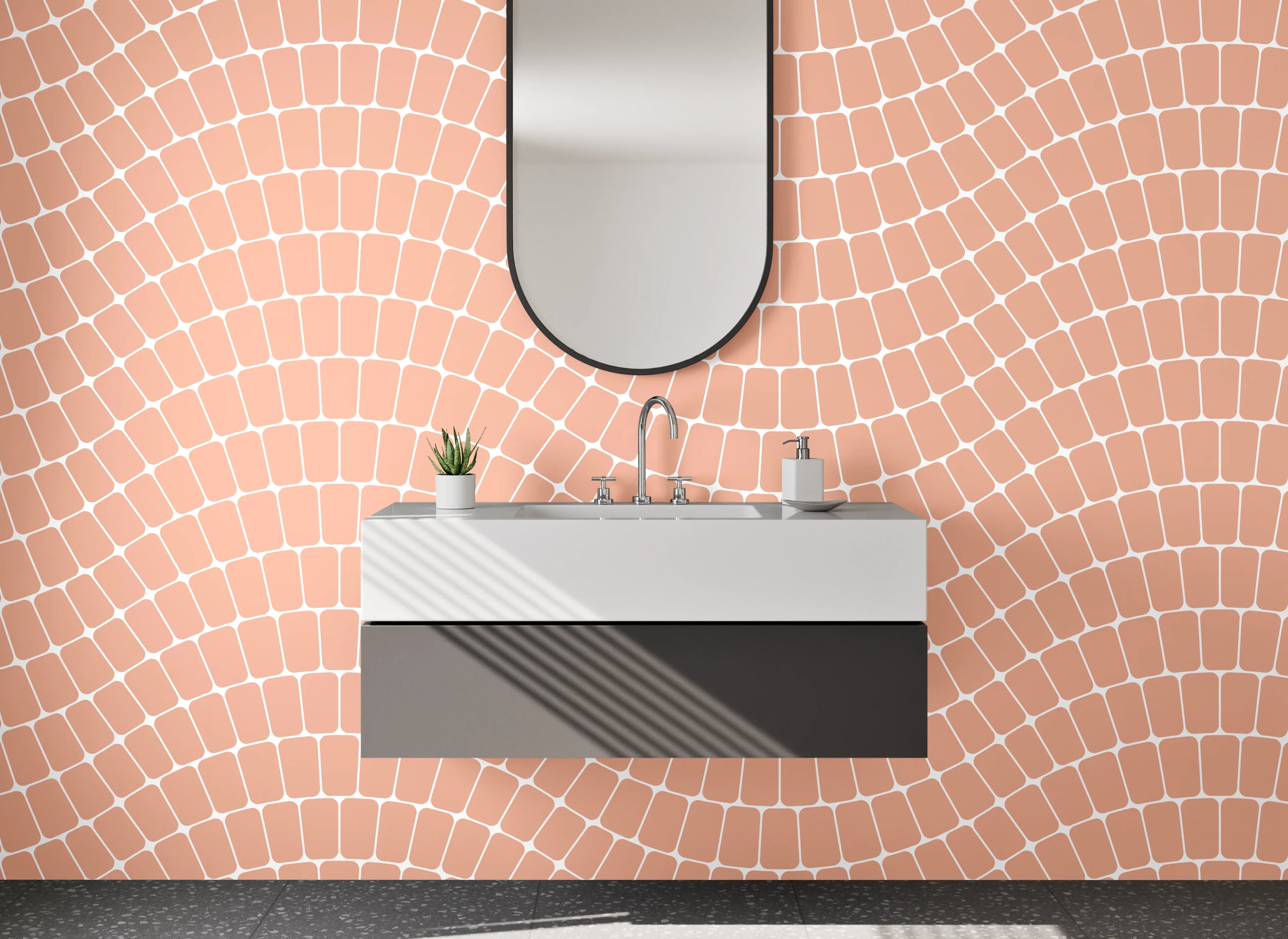 Waschbecken-Rückwand - Wellenartiges Fliesenmuster in Beige