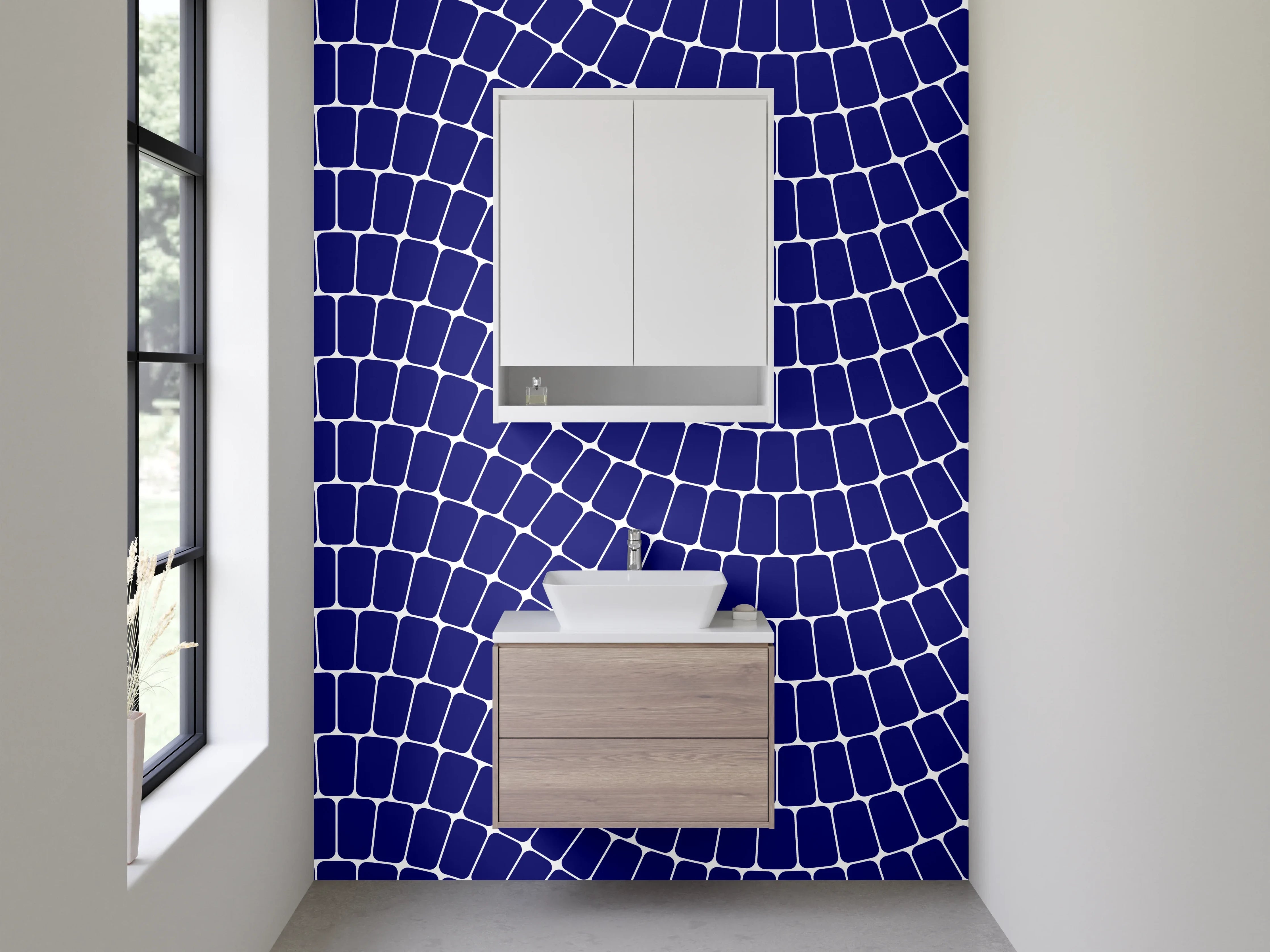 Waschbecken-Rückwand - Wellenförmiges Linienmuster Blau Weiß