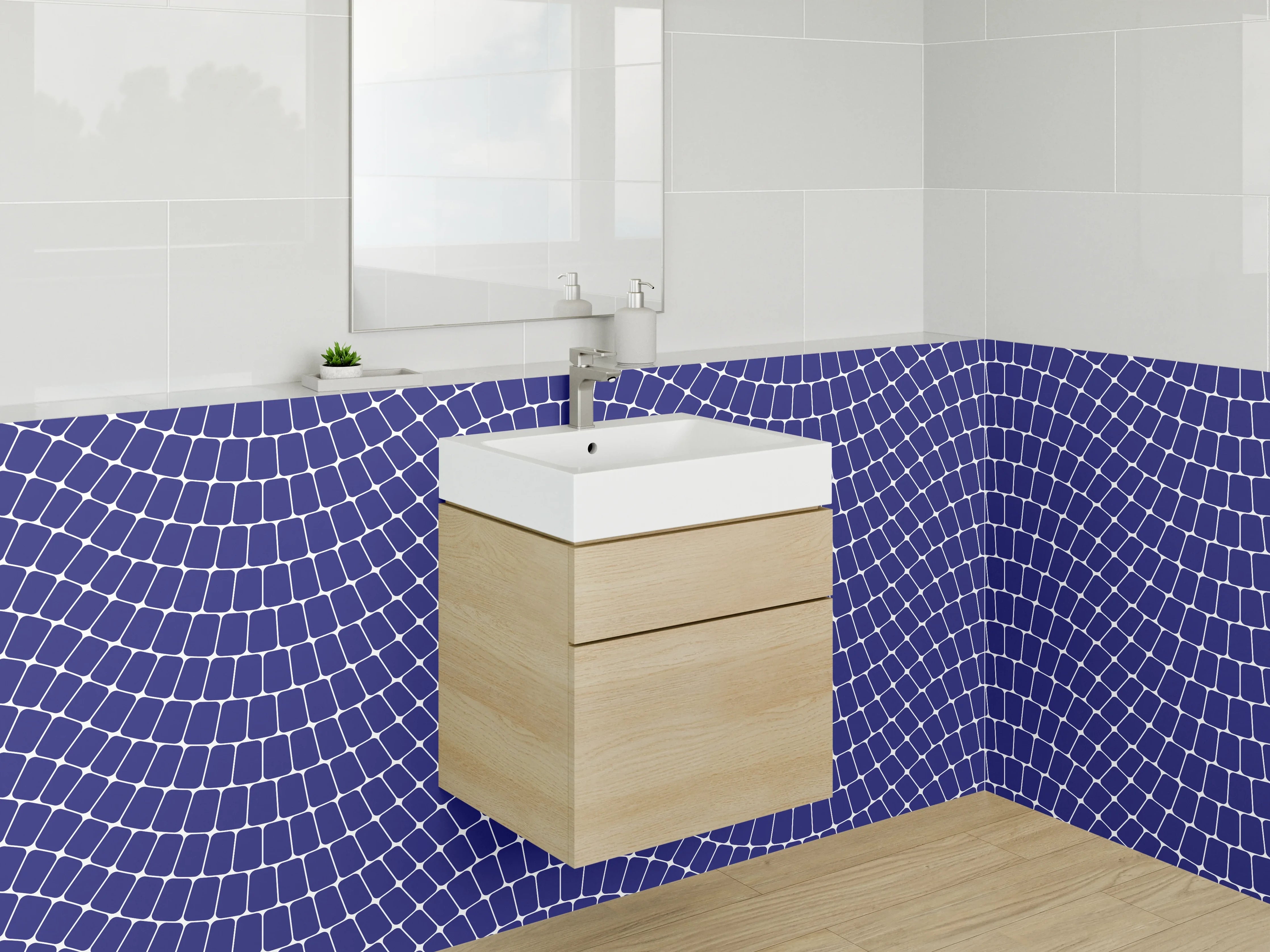 Waschbecken-Rückwand - Wellenförmiges Linienmuster Blau Weiß