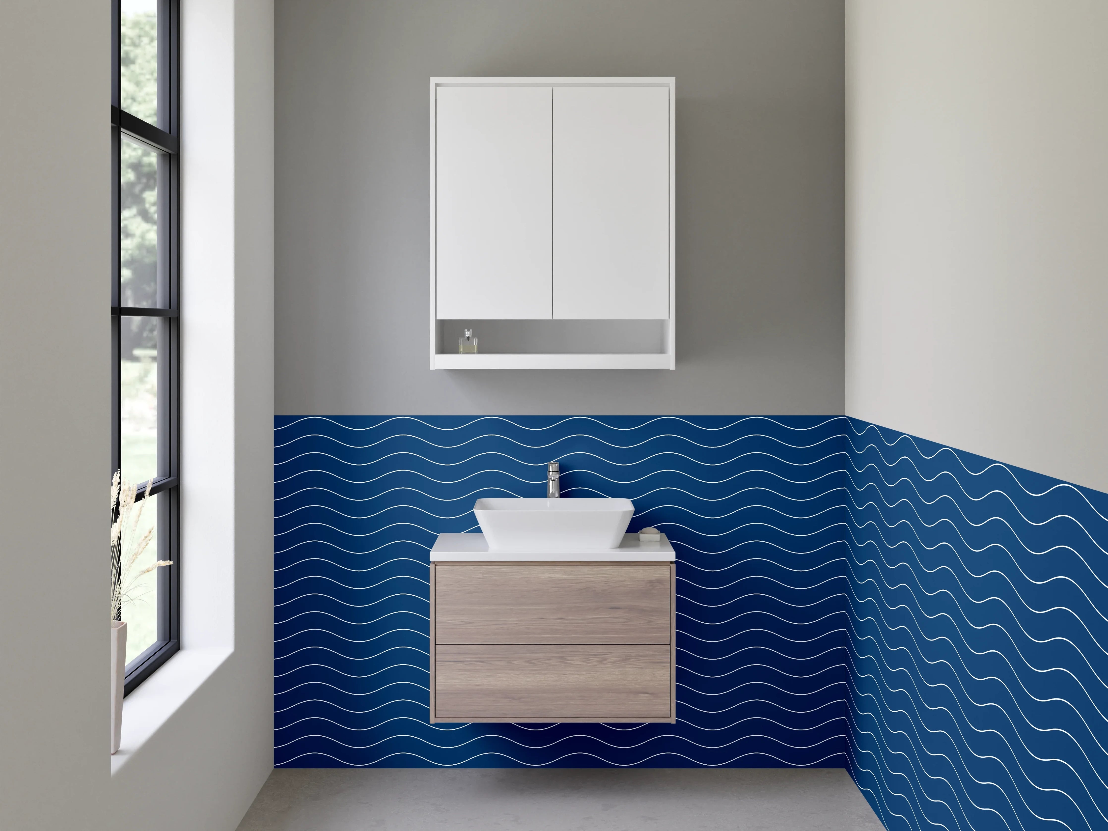 Waschbecken-Rückwand - Wellenmuster Blau Weiß Minimalistisch