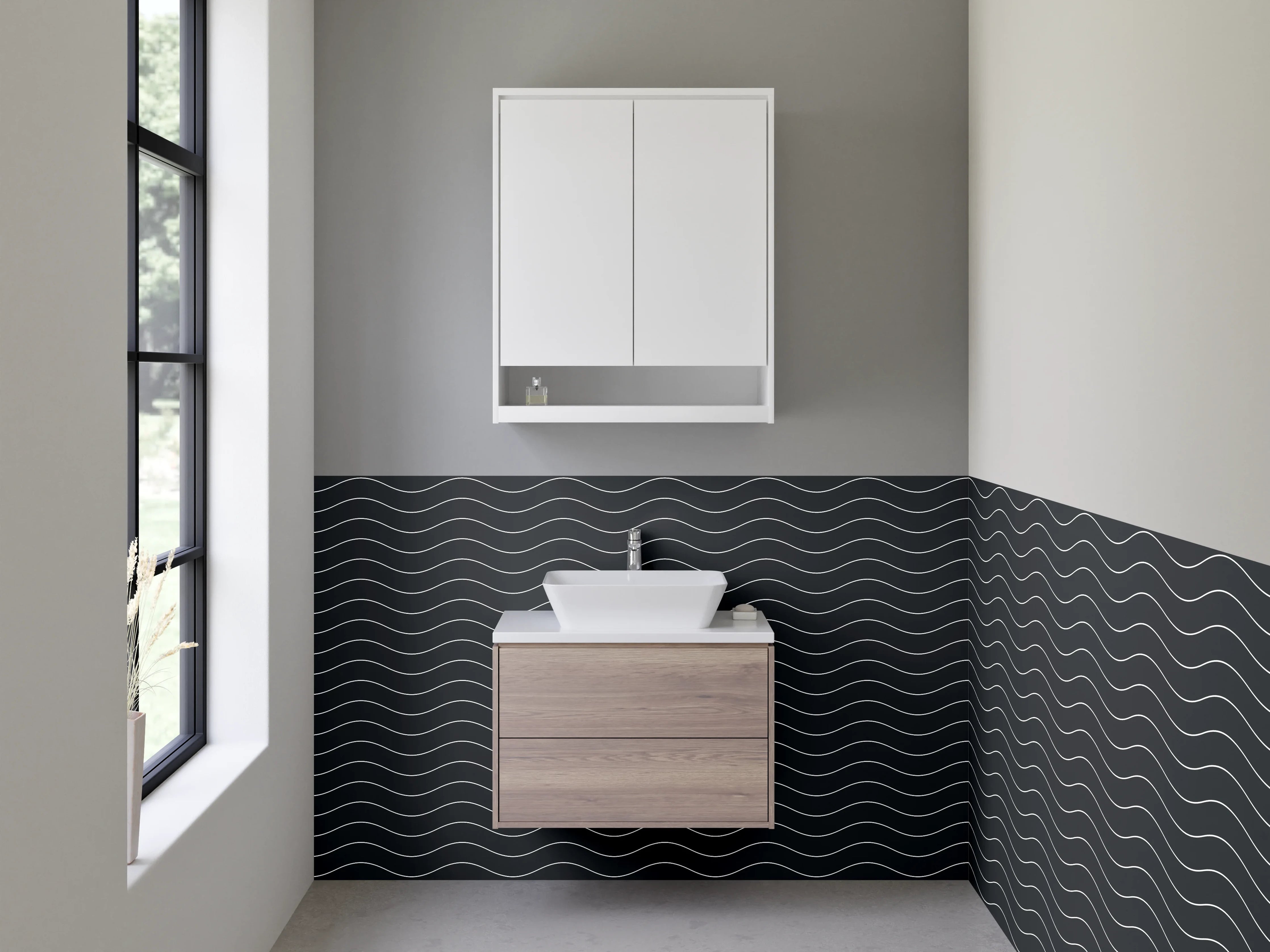 Waschbecken-Rückwand - Wellenmuster Grau-Weiß Minimalistisch