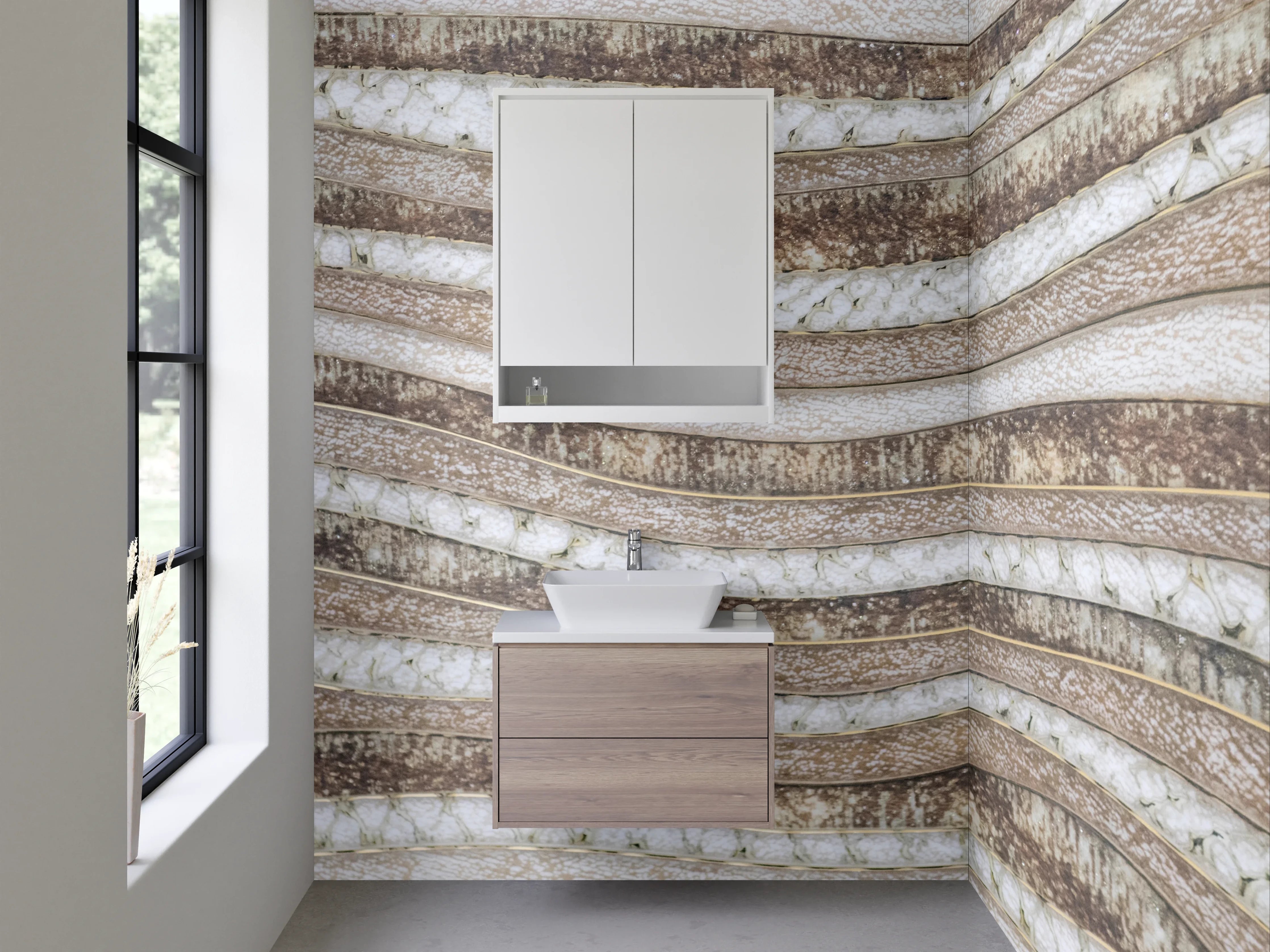 Waschbecken-Rückwand - Wellenmuster Naturstein Weiß Beige