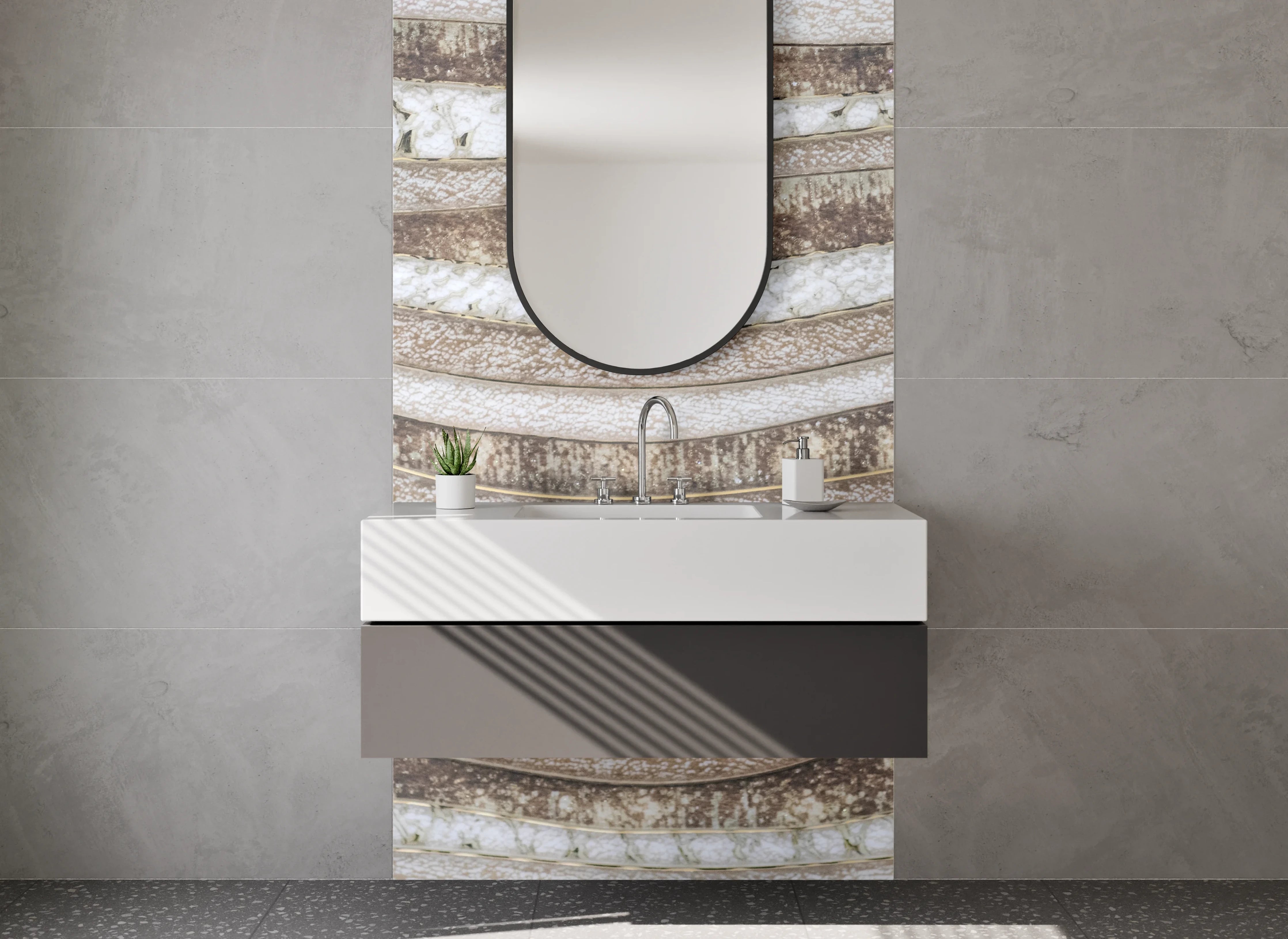 Waschbecken-Rückwand - Wellenmuster Naturstein Weiß Beige