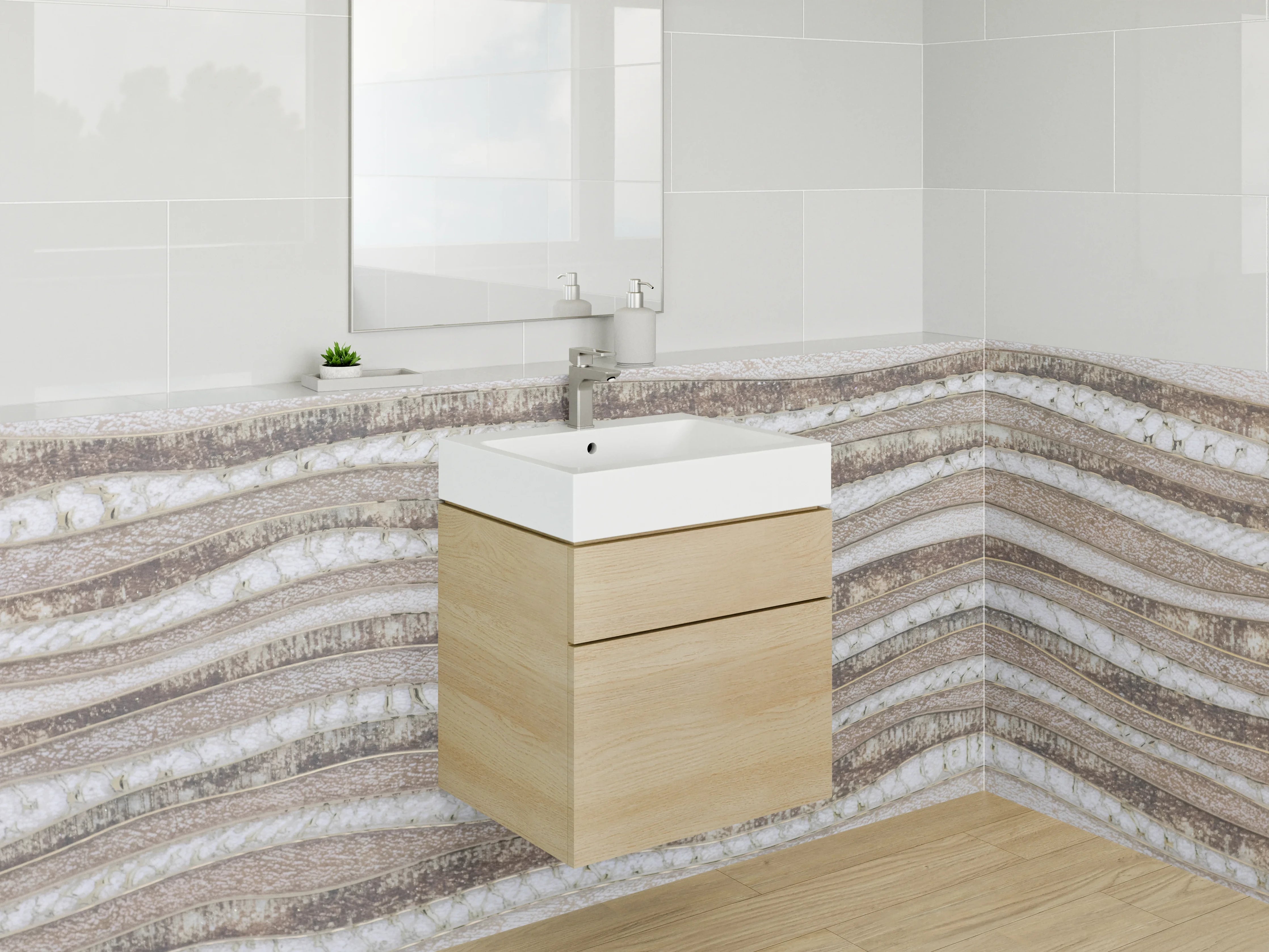 Waschbecken-Rückwand - Wellenmuster Naturstein Weiß Beige