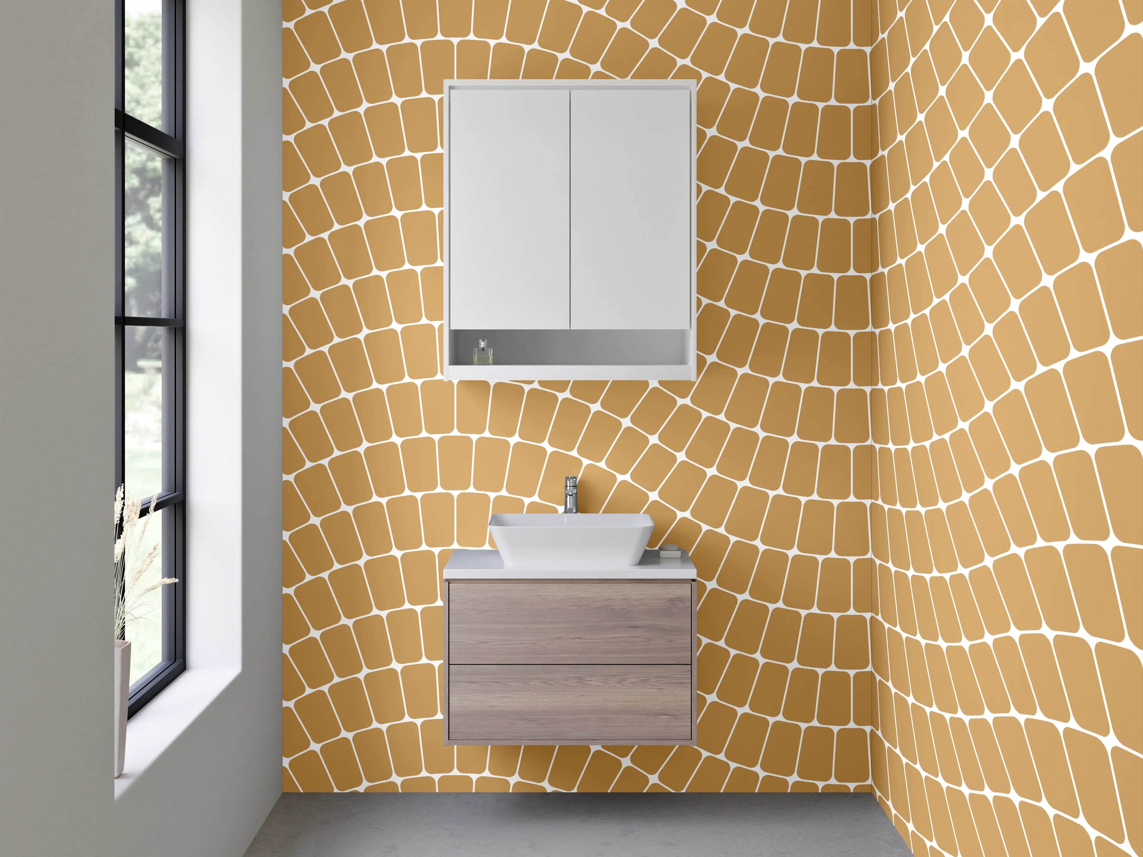 Waschbecken-Rückwand - Wellige Retro-Musteroptik in warmem Beige
