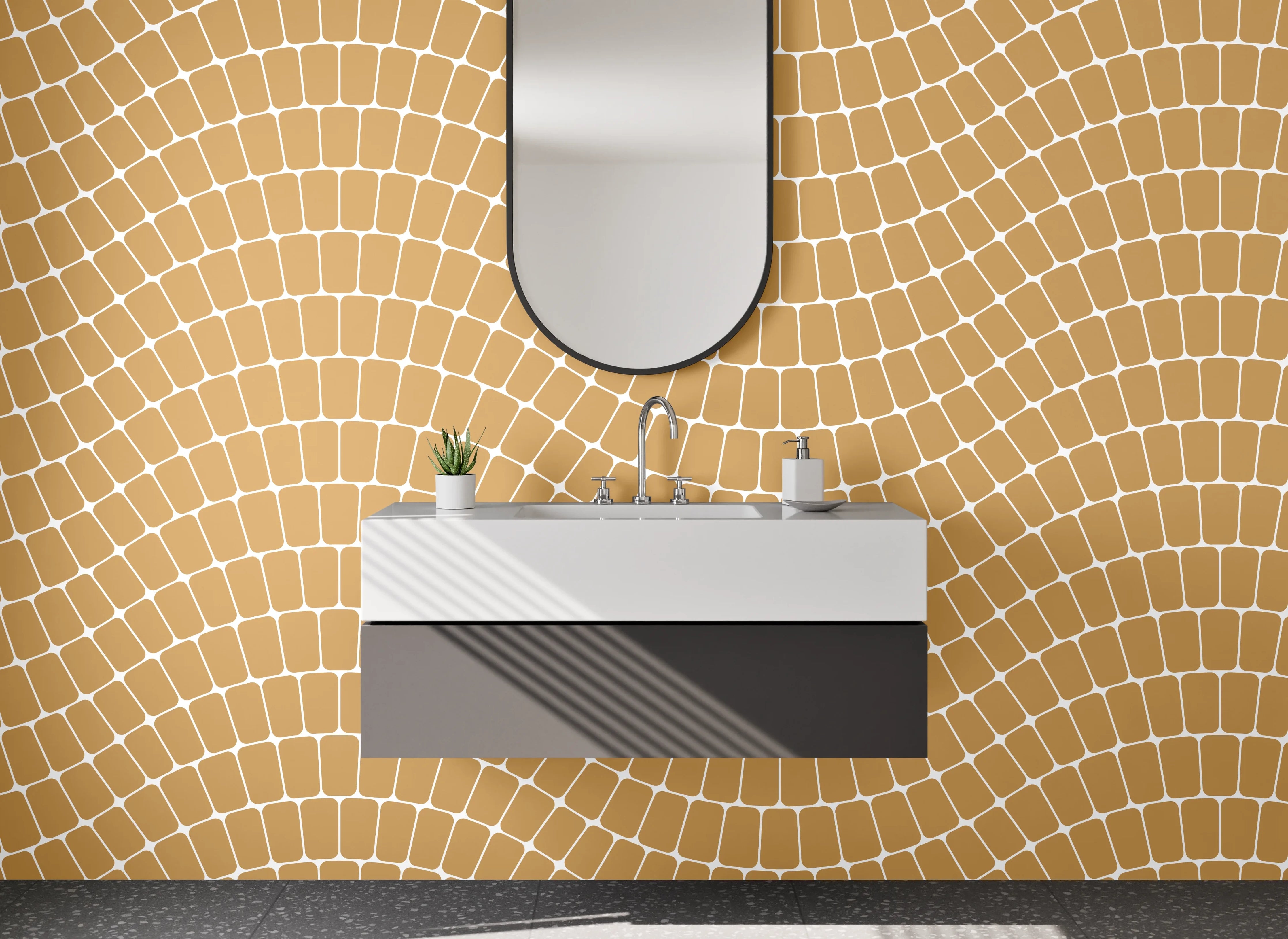 Waschbecken-Rückwand - Wellige Retro-Musteroptik in warmem Beige
