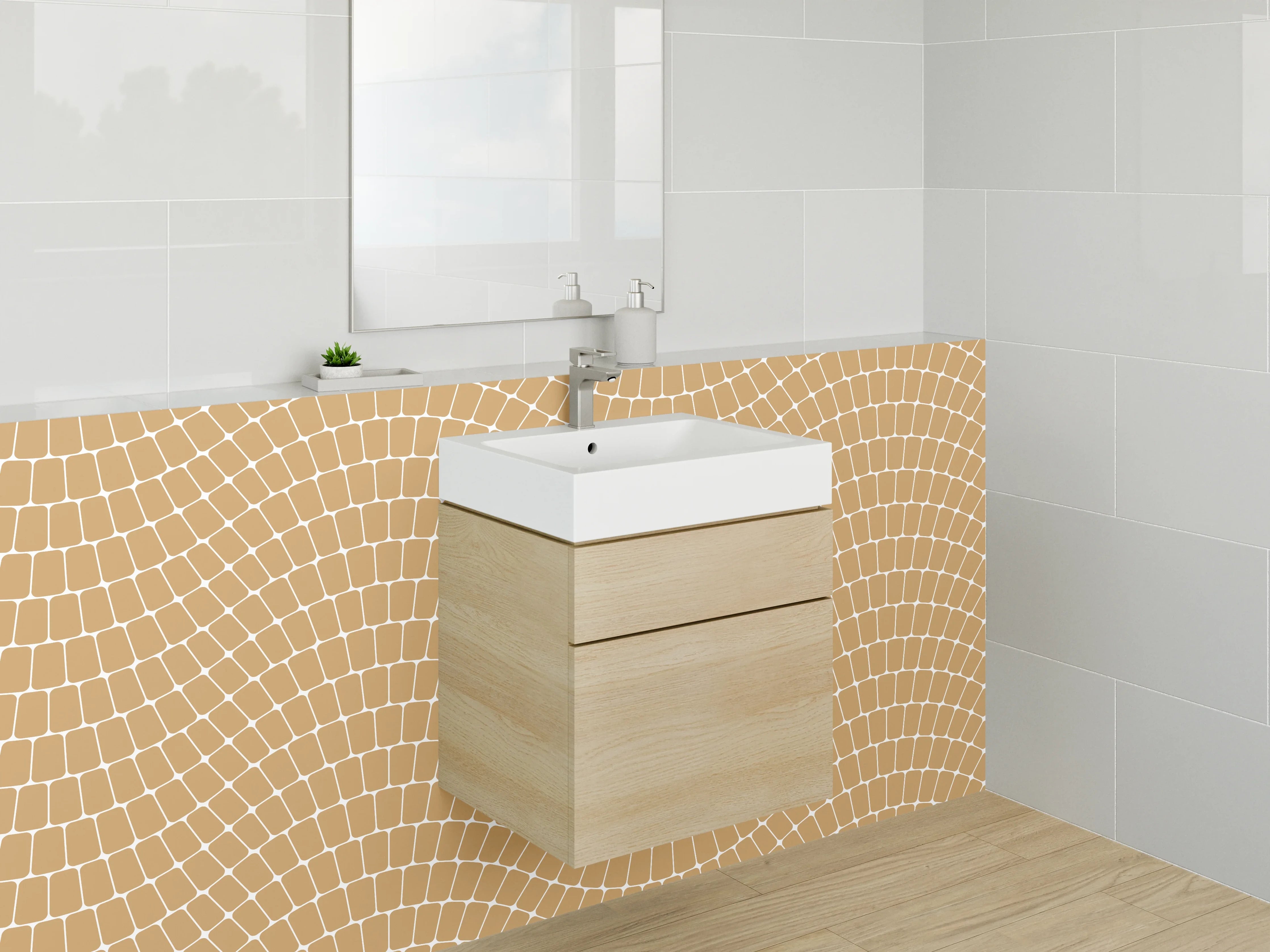 Waschbecken-Rückwand - Wellige Retro-Musteroptik in warmem Beige