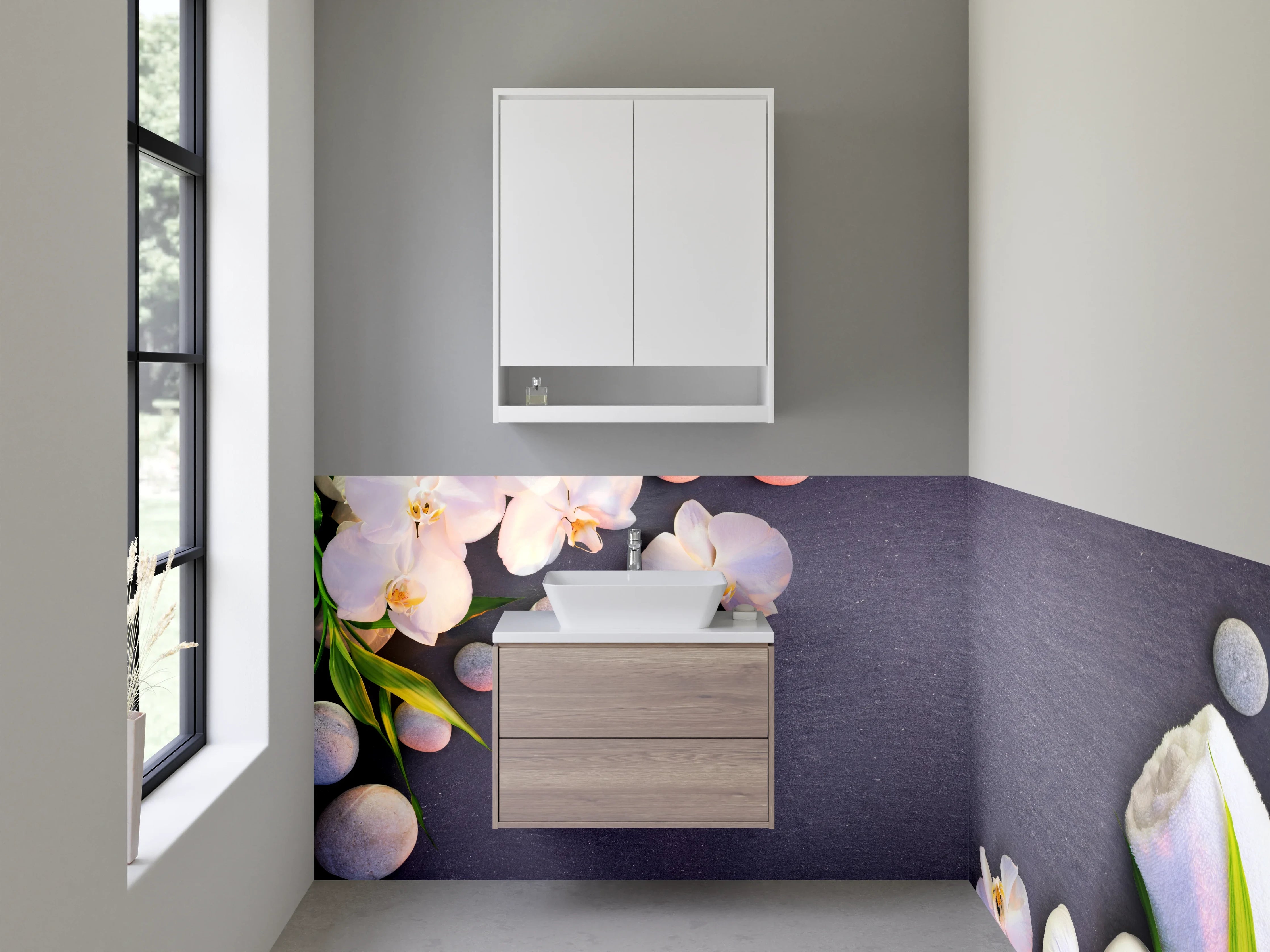 Waschbecken-Rückwand - Wellness-Orchideen auf grauer Steinplatte