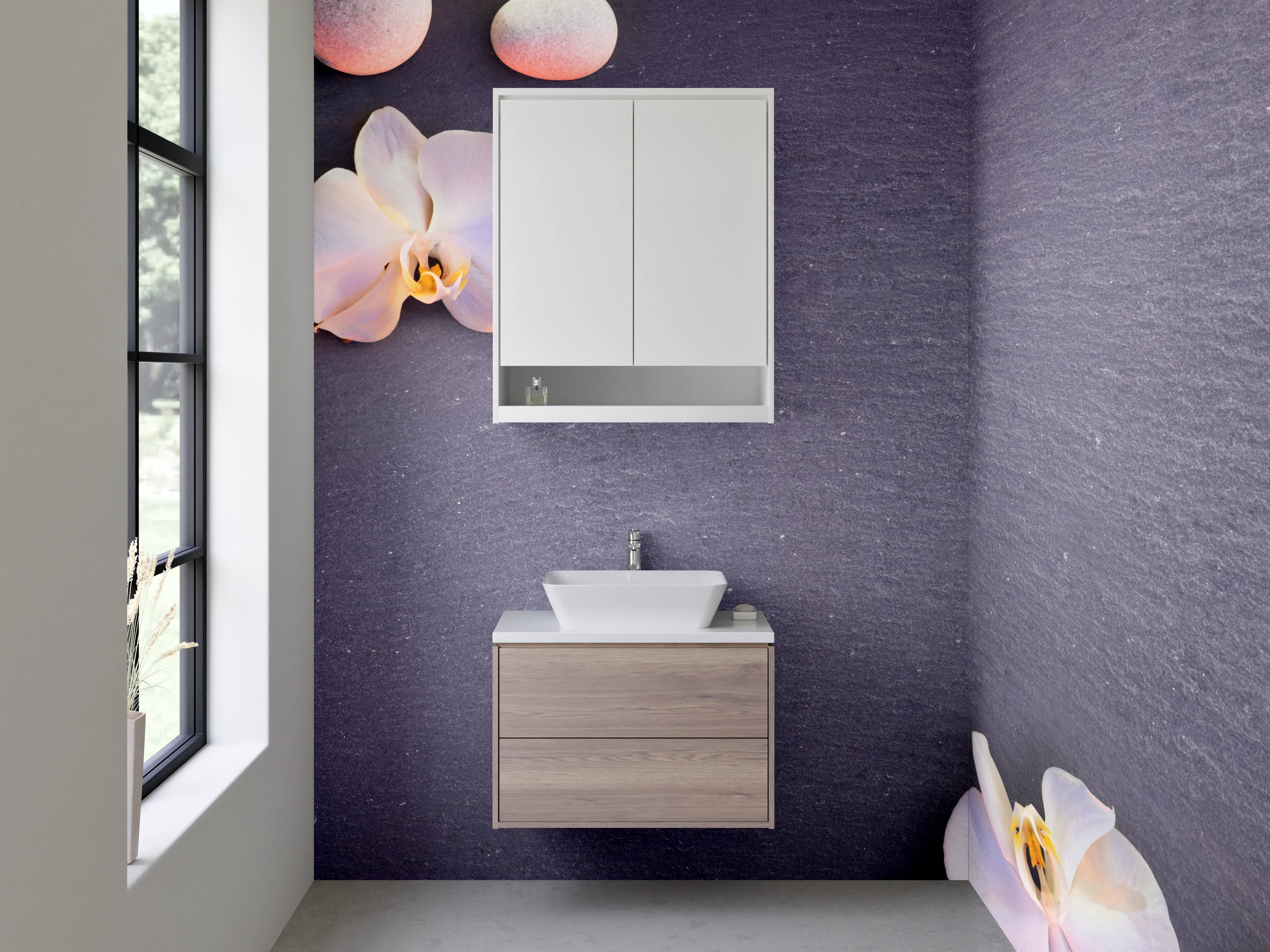 Waschbecken-Rückwand - Wellness-Orchideen auf grauer Steinplatte