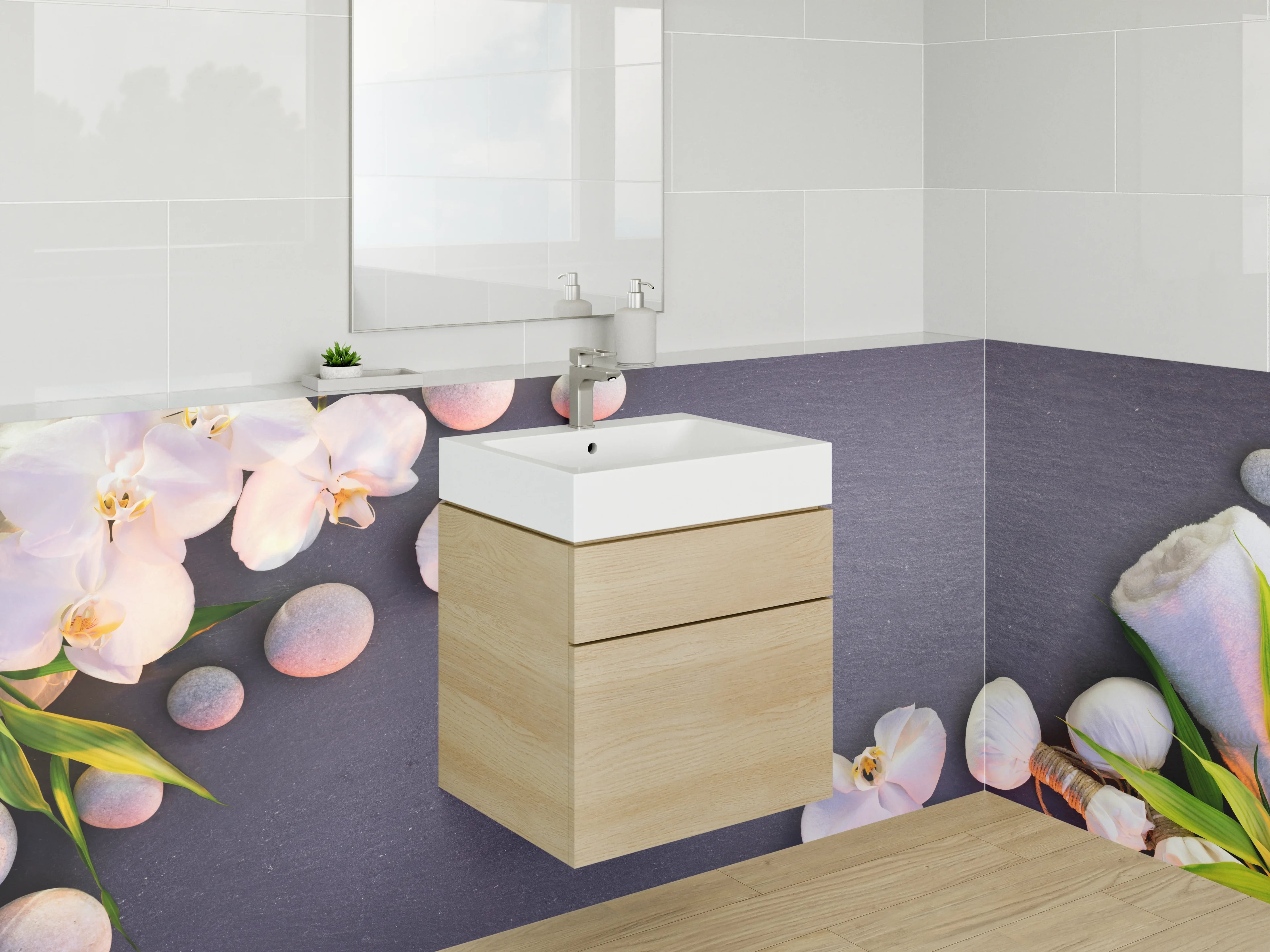 Waschbecken-Rückwand - Wellness-Orchideen auf grauer Steinplatte