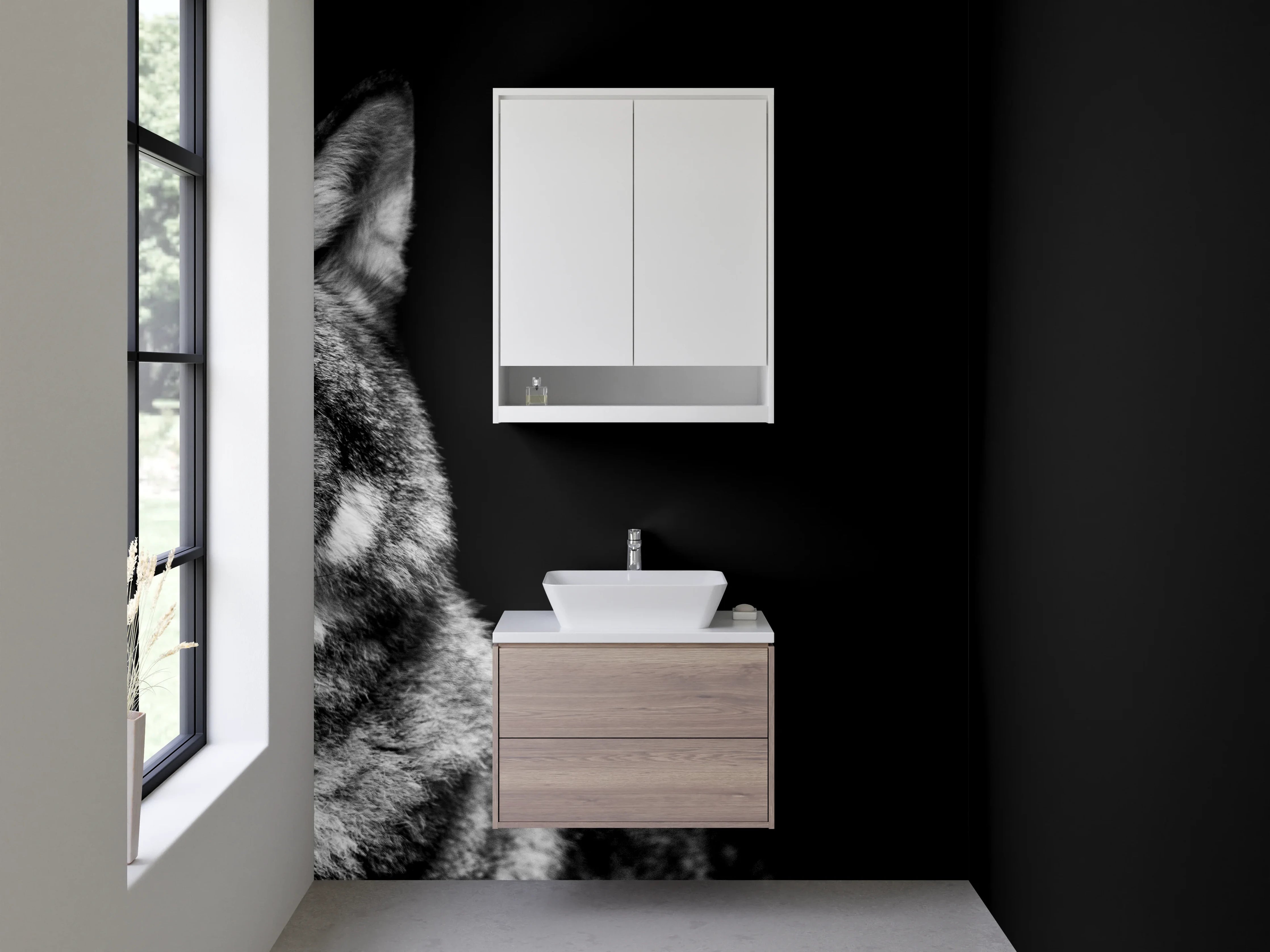 Waschbecken-Rückwand - Wolf Porträt Schwarz-Weiß Kunstfoto