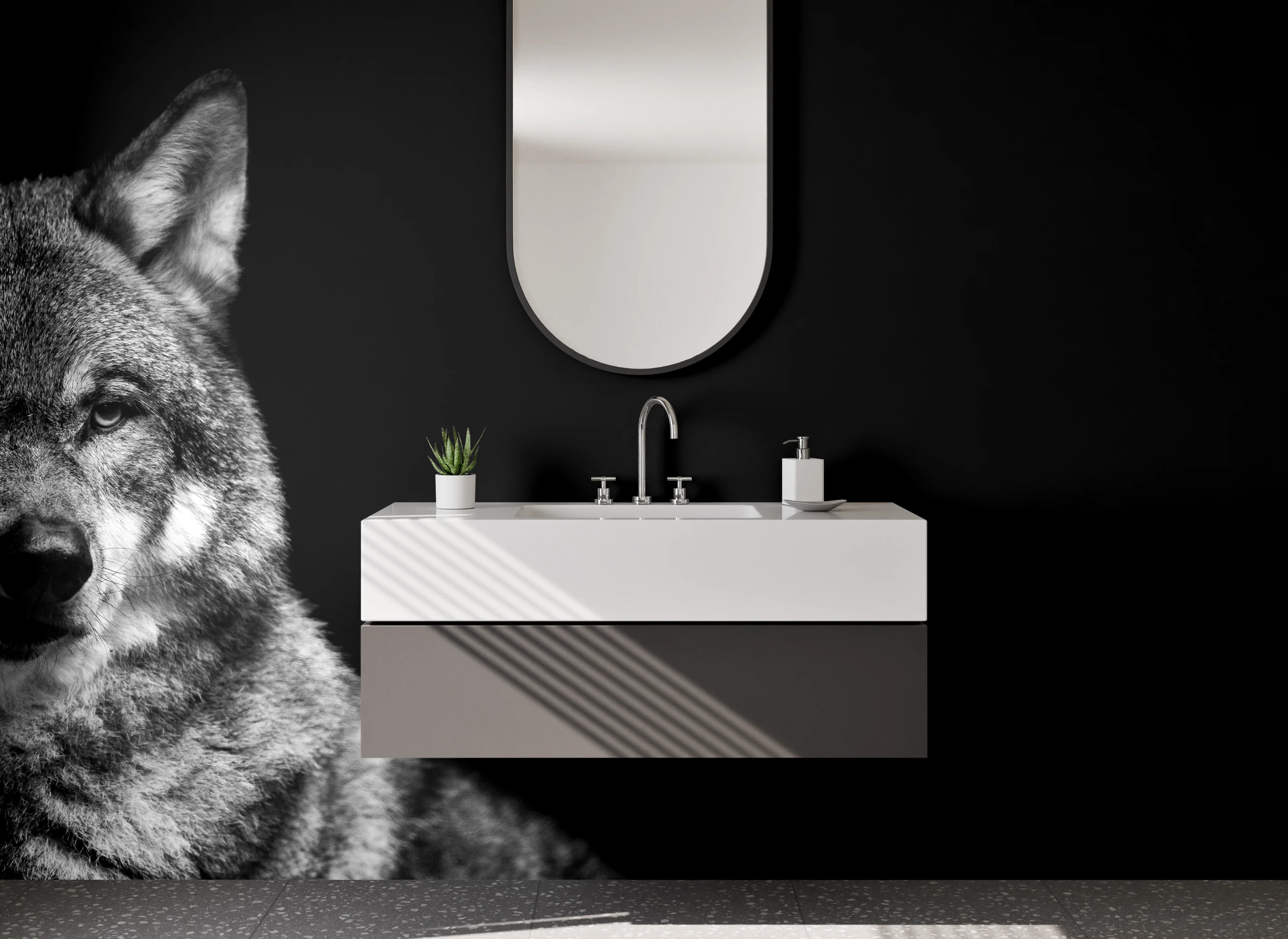Waschbecken-Rückwand - Wolf Porträt Schwarz-Weiß Kunstfoto