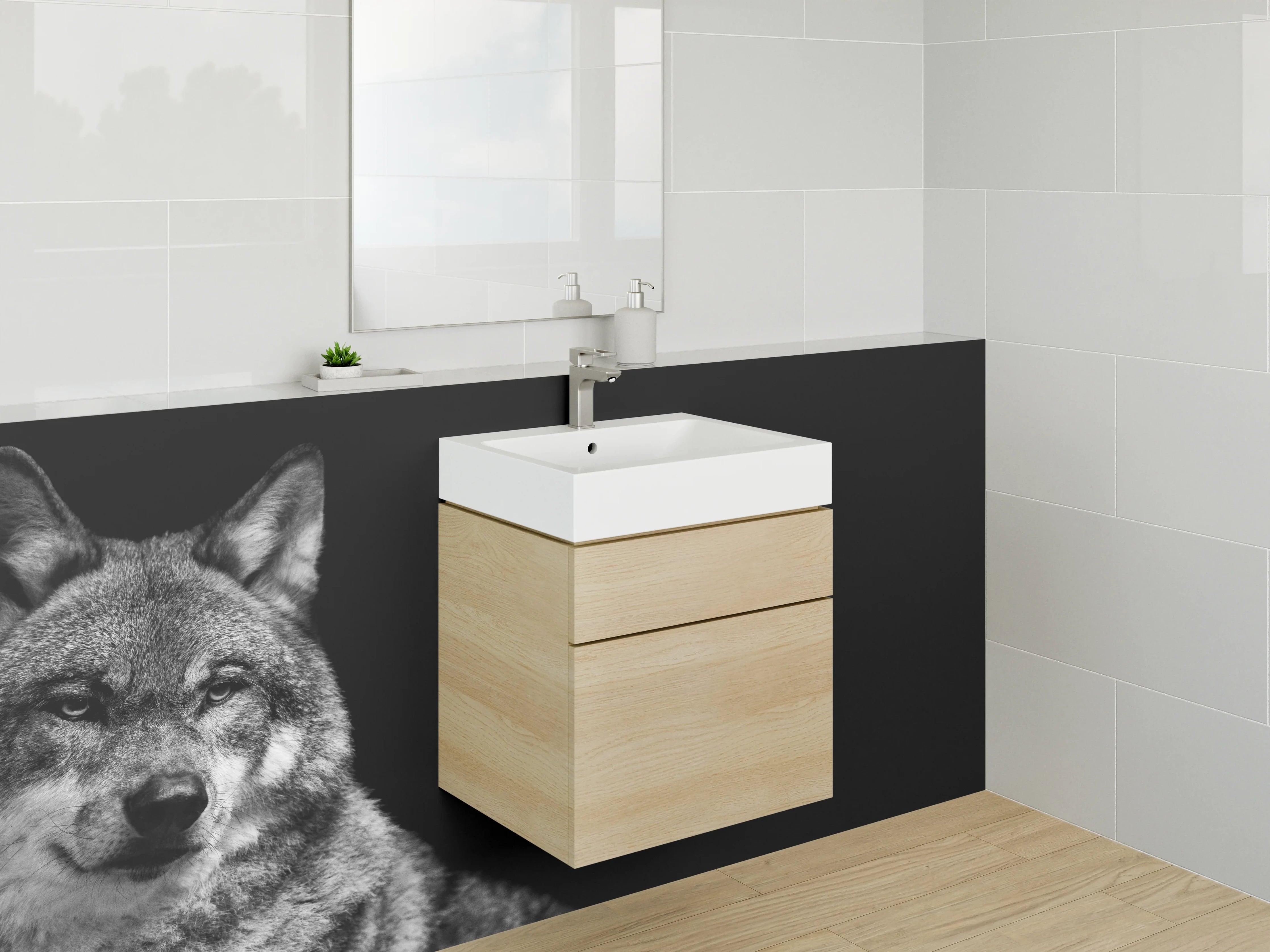 Waschbecken-Rückwand - Wolf Porträt Schwarz-Weiß Kunstfoto