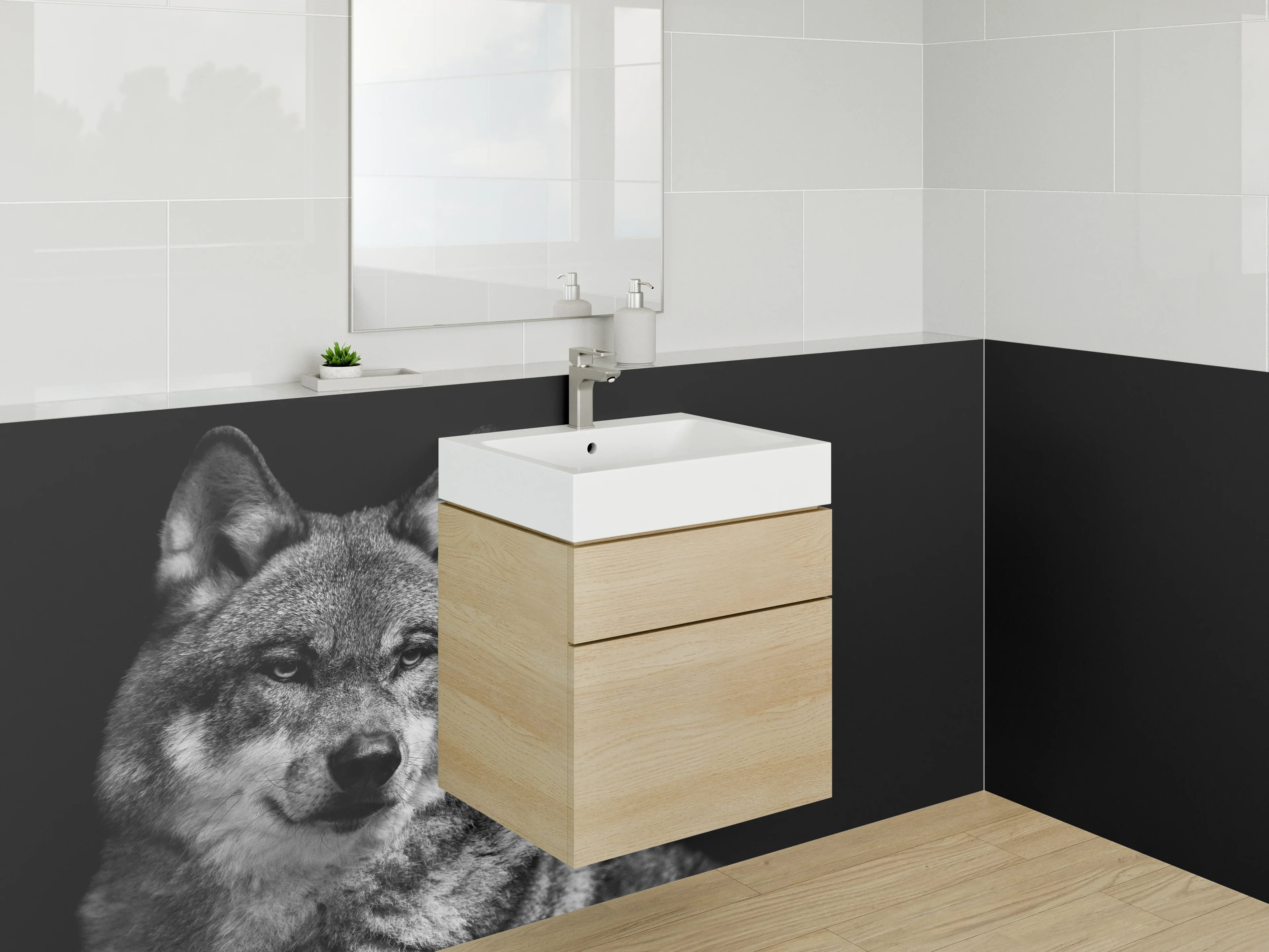 Waschbecken-Rückwand - Wolf Porträt Schwarz-Weiß Kunstfoto