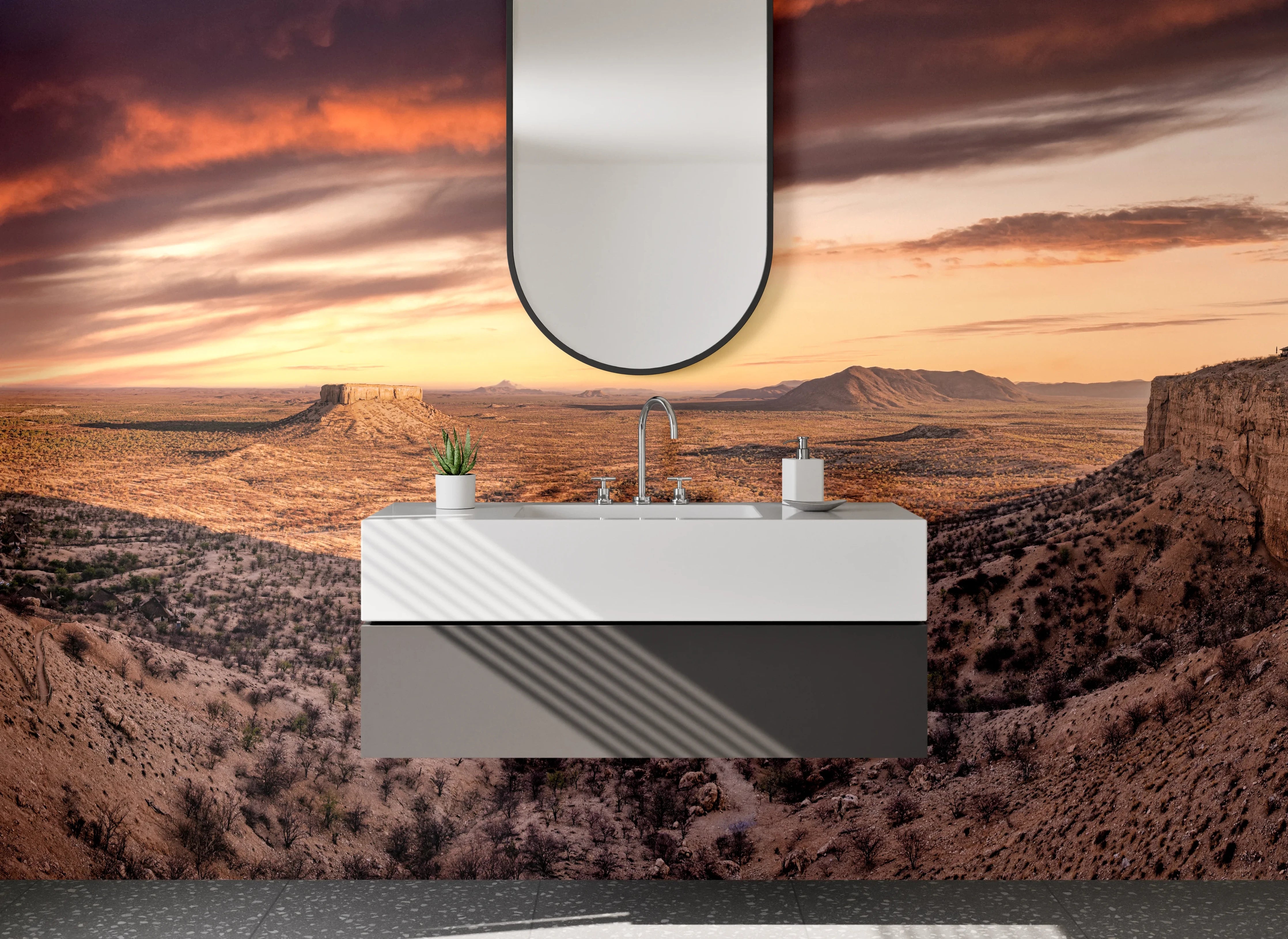 Waschbecken-Rückwand - Wüstenlandschaft bei Sonnenuntergang mit dramatischem Himmel