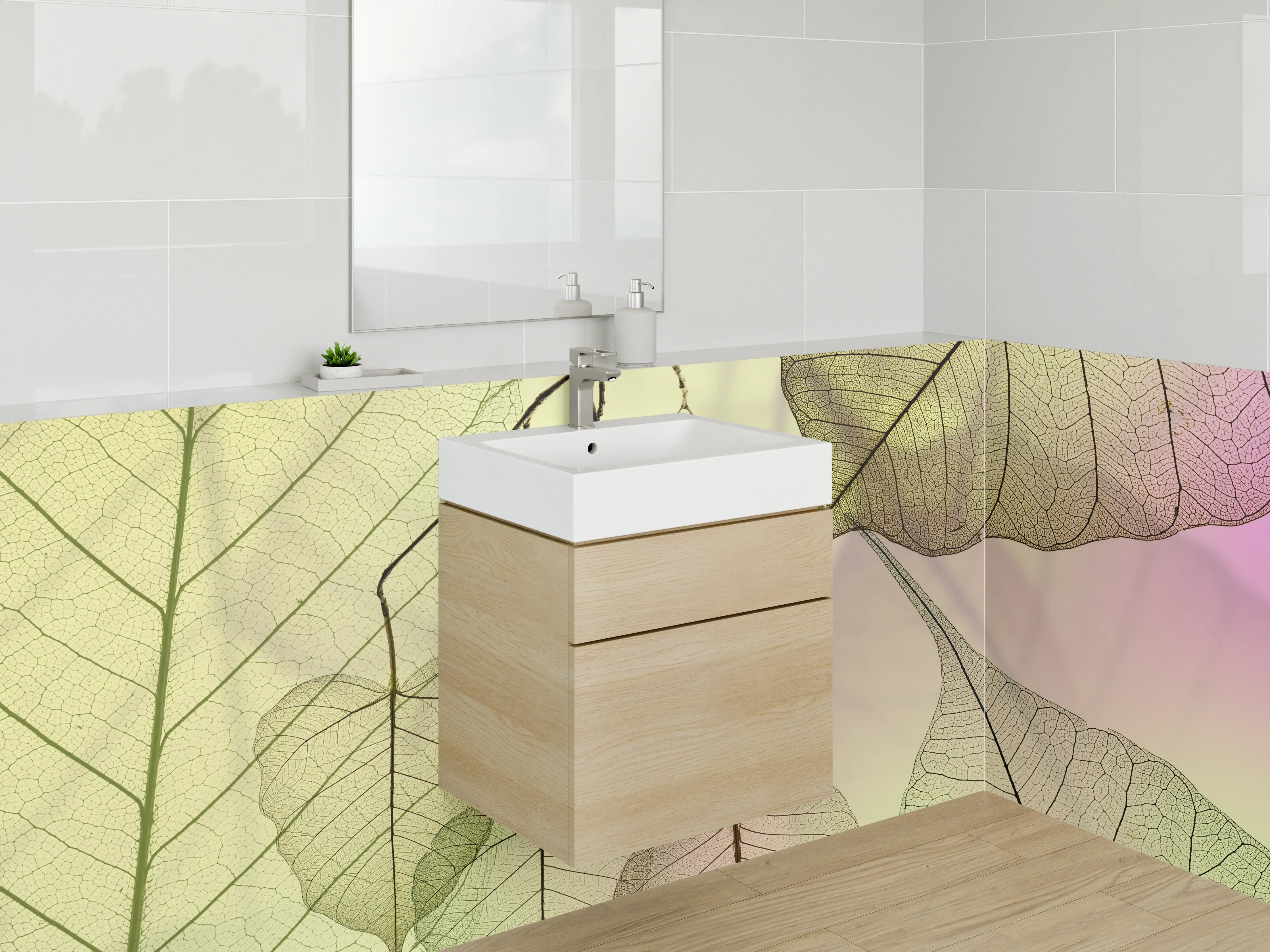 Waschbecken-Rückwand - Zarte Blätter Transparenz Pastelltrend