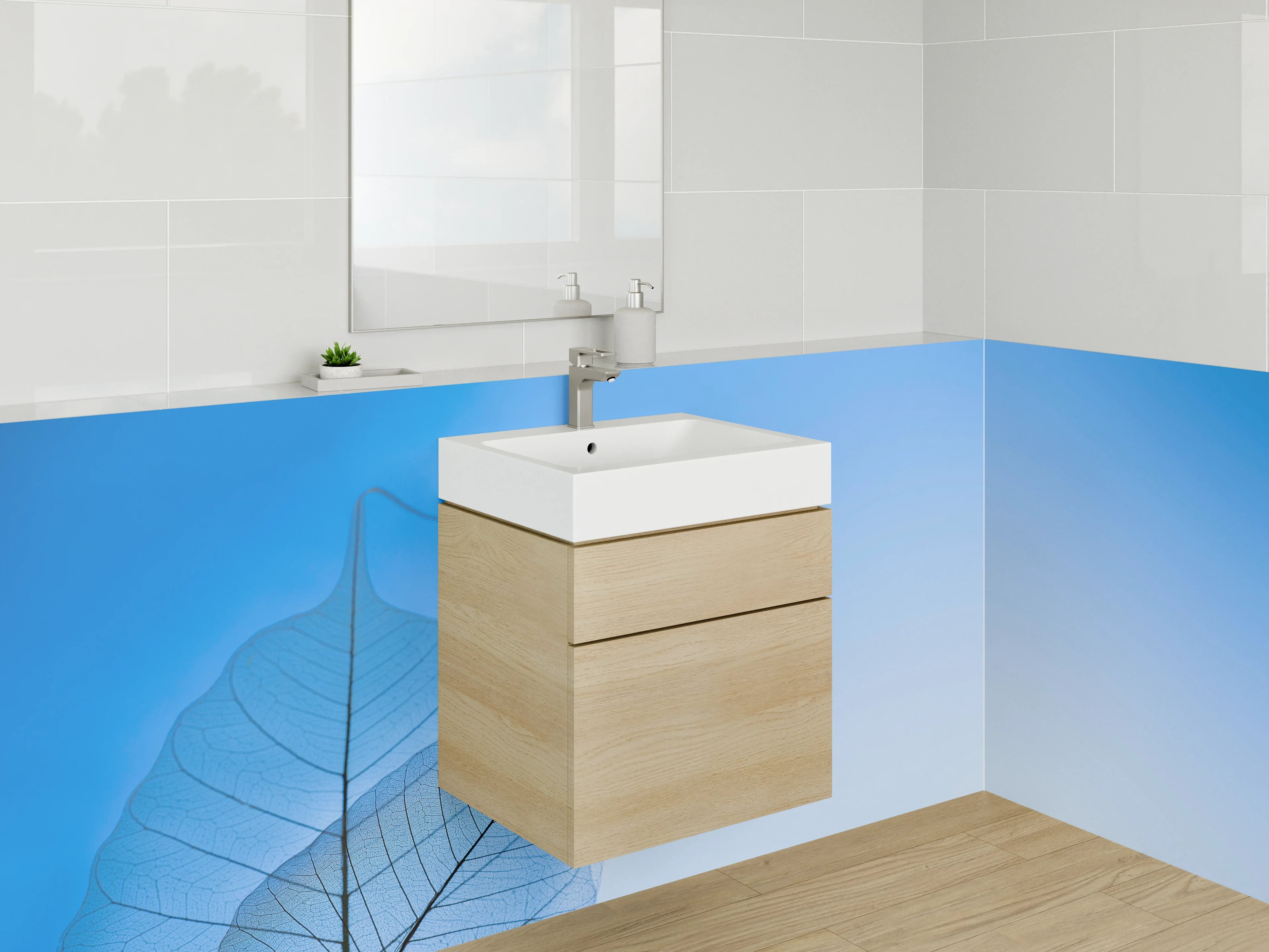 Waschbecken-Rückwand - Zarte Blätter auf blauem Hintergrund