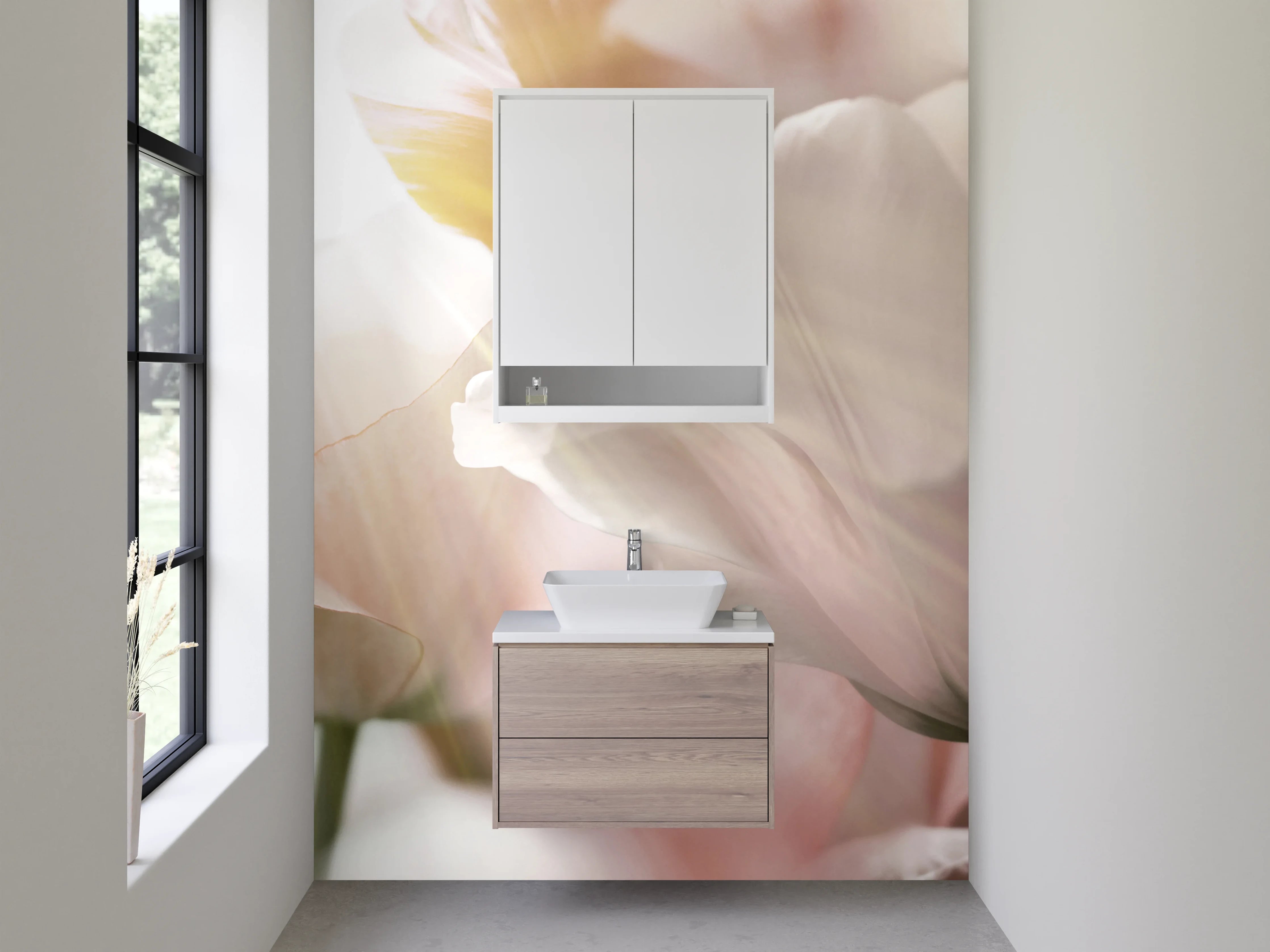 Waschbecken-Rückwand - Zarte Blüten im warmen Grau