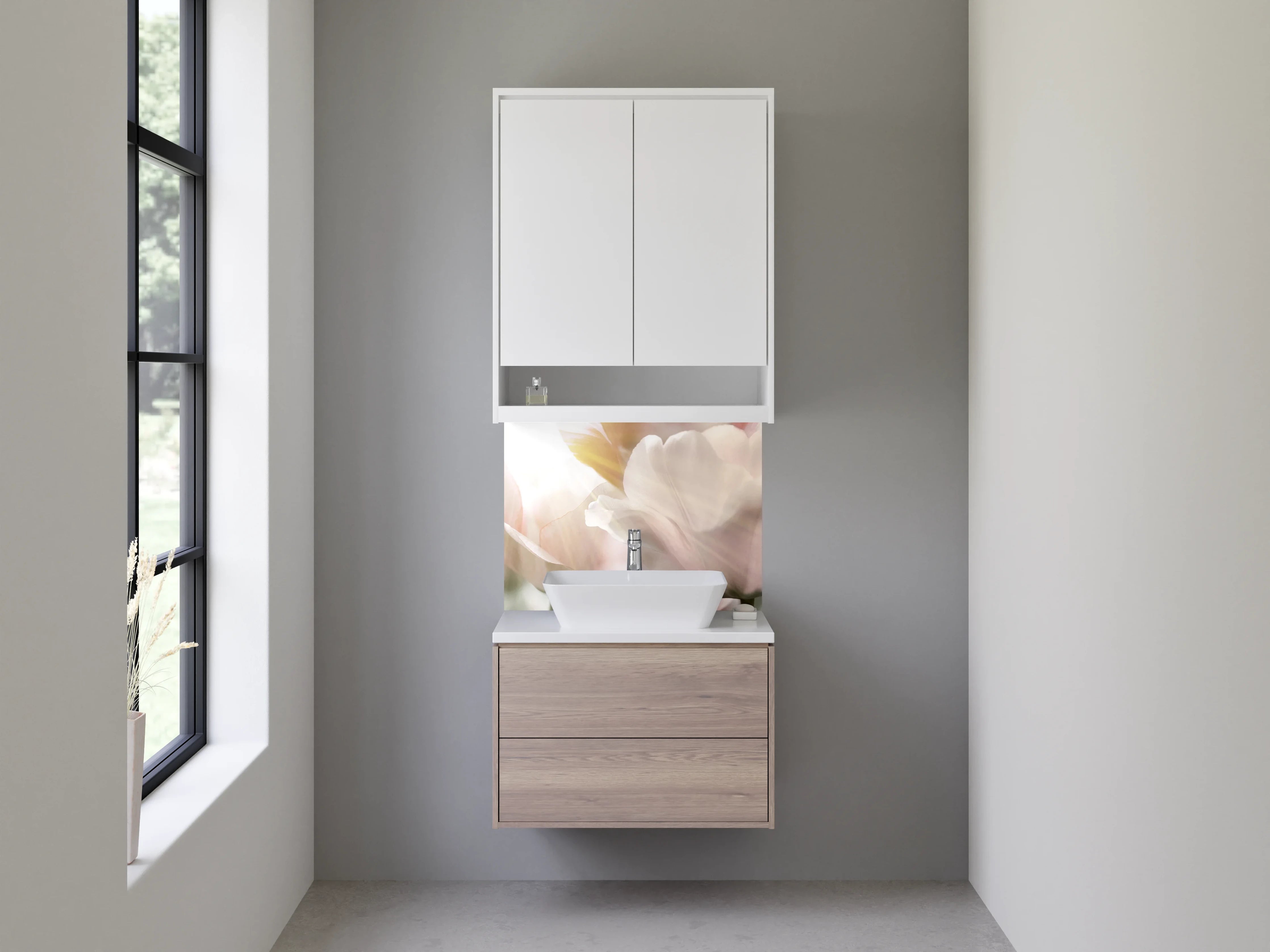 Waschbecken-Rückwand - Zarte Blüten im warmen Grau