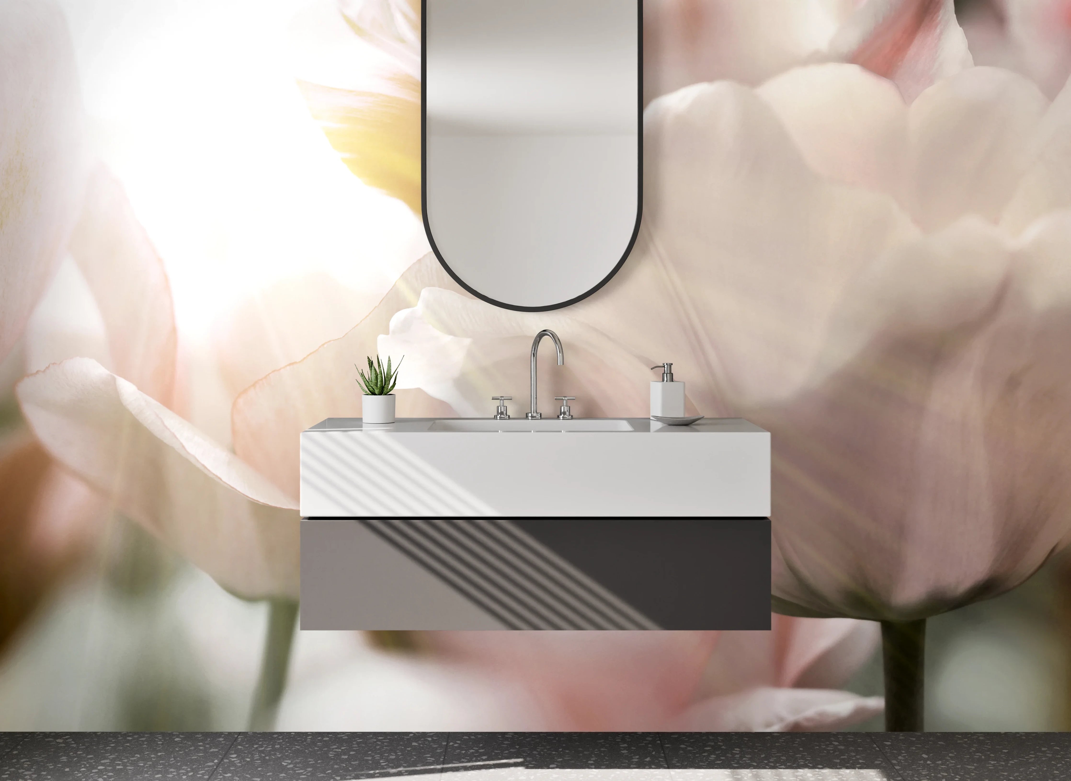 Waschbecken-Rückwand - Zarte Blüten im warmen Grau