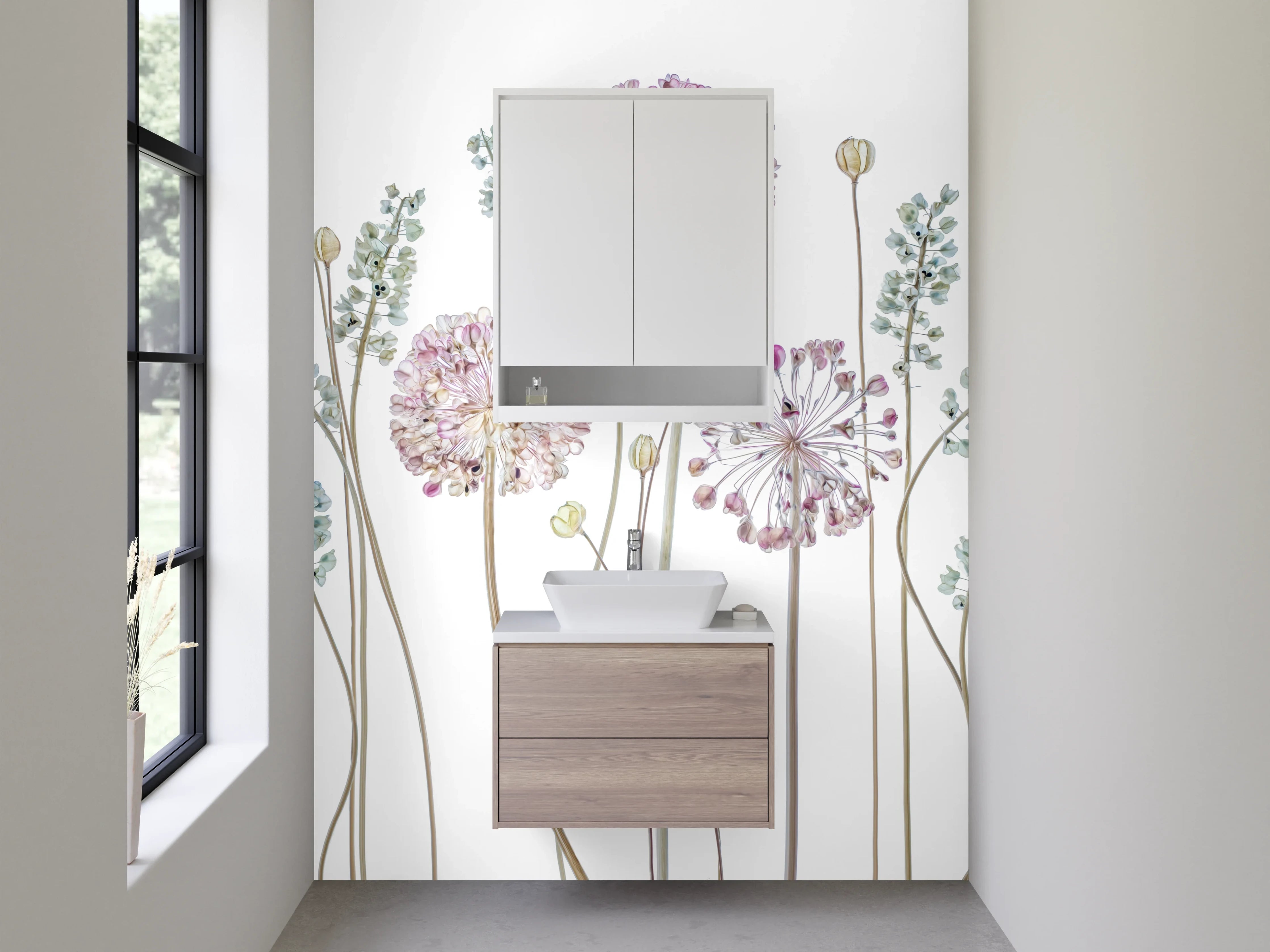 Waschbecken-Rückwand - Zarte Blumen Illustration Weiß Rosa
