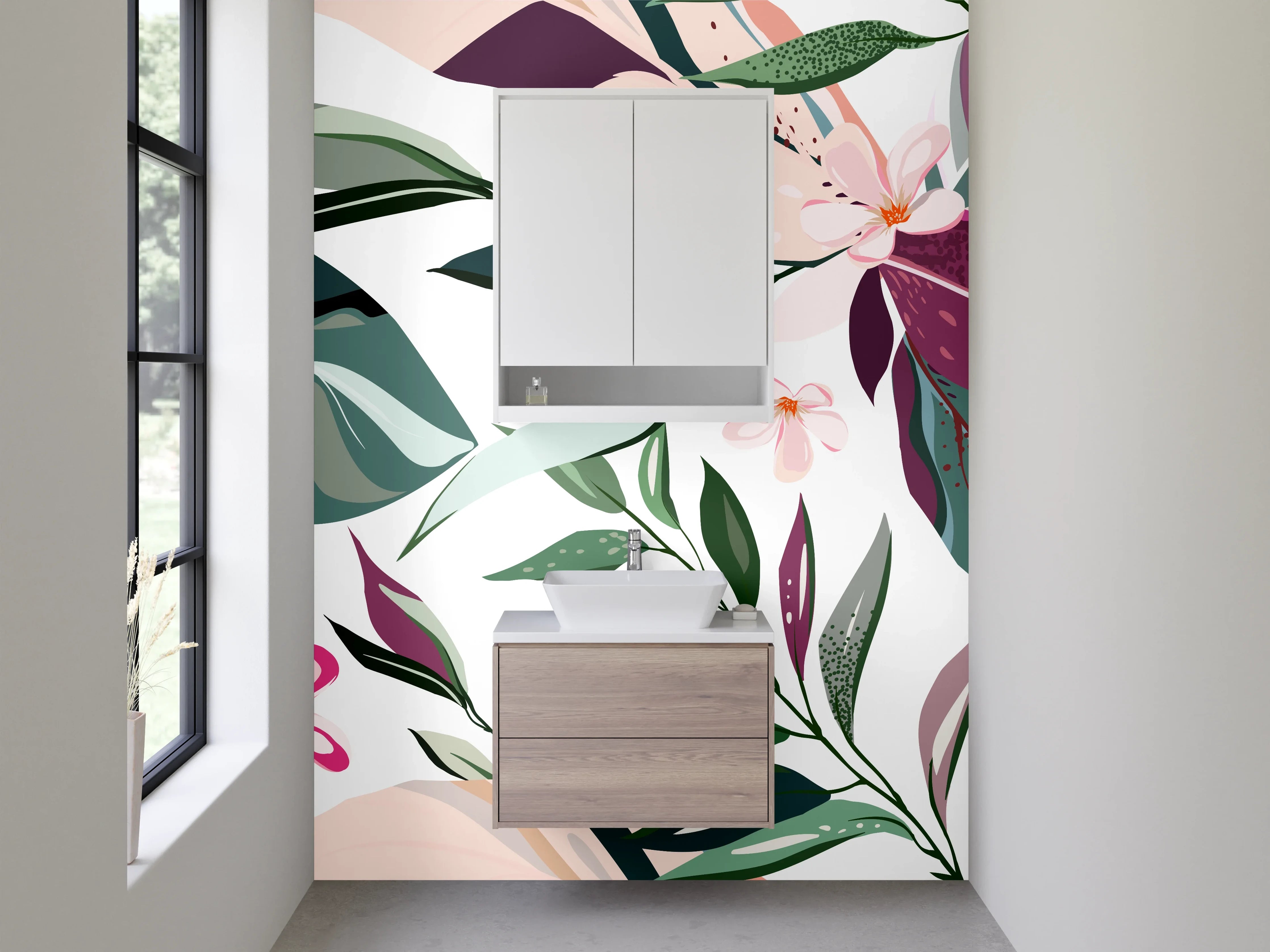 Waschbecken-Rückwand - Zarte Flora in Rosé, Jade und Silbergrau
