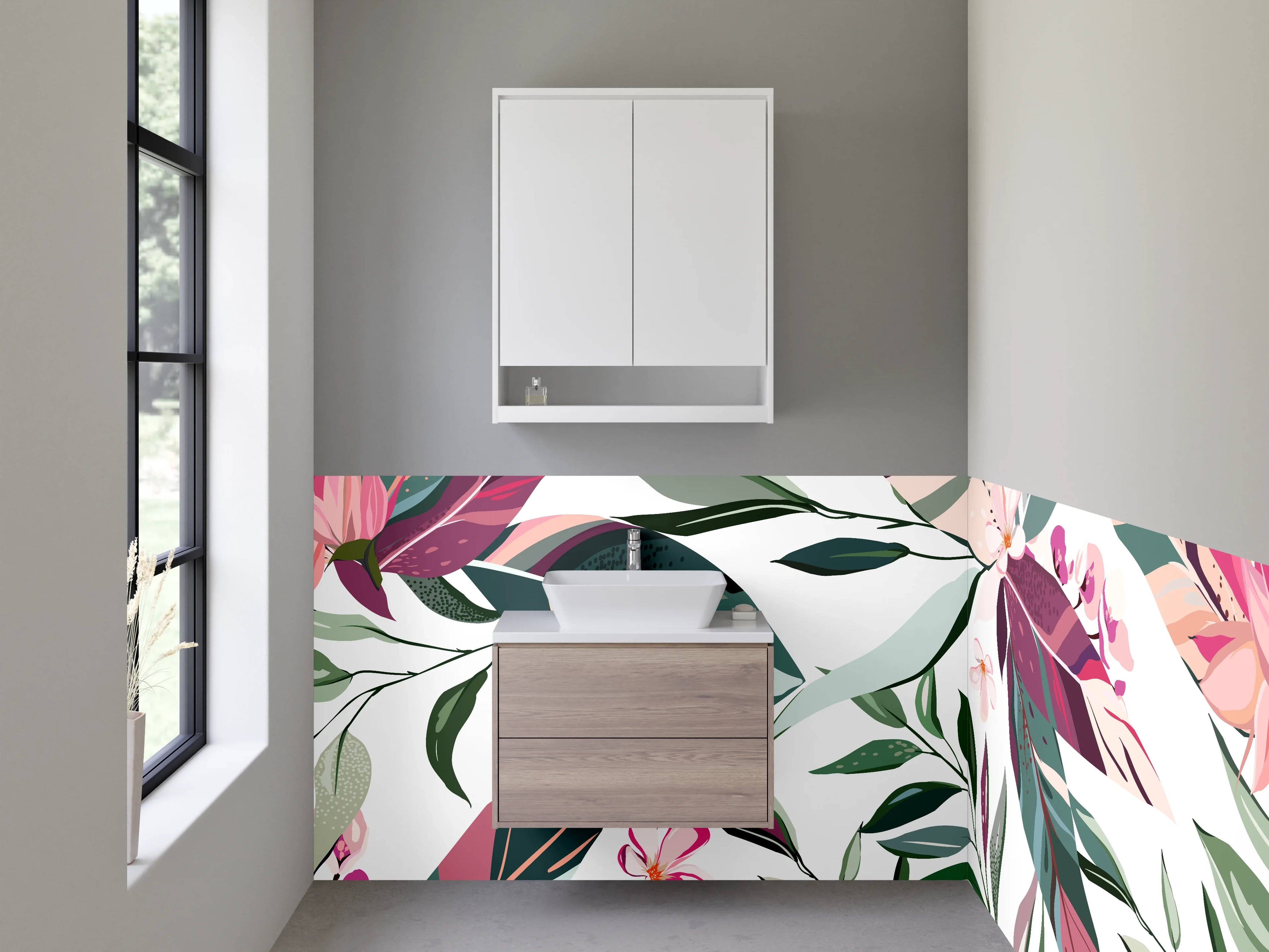 Waschbecken-Rückwand - Zarte Flora in Rosé, Jade und Silbergrau