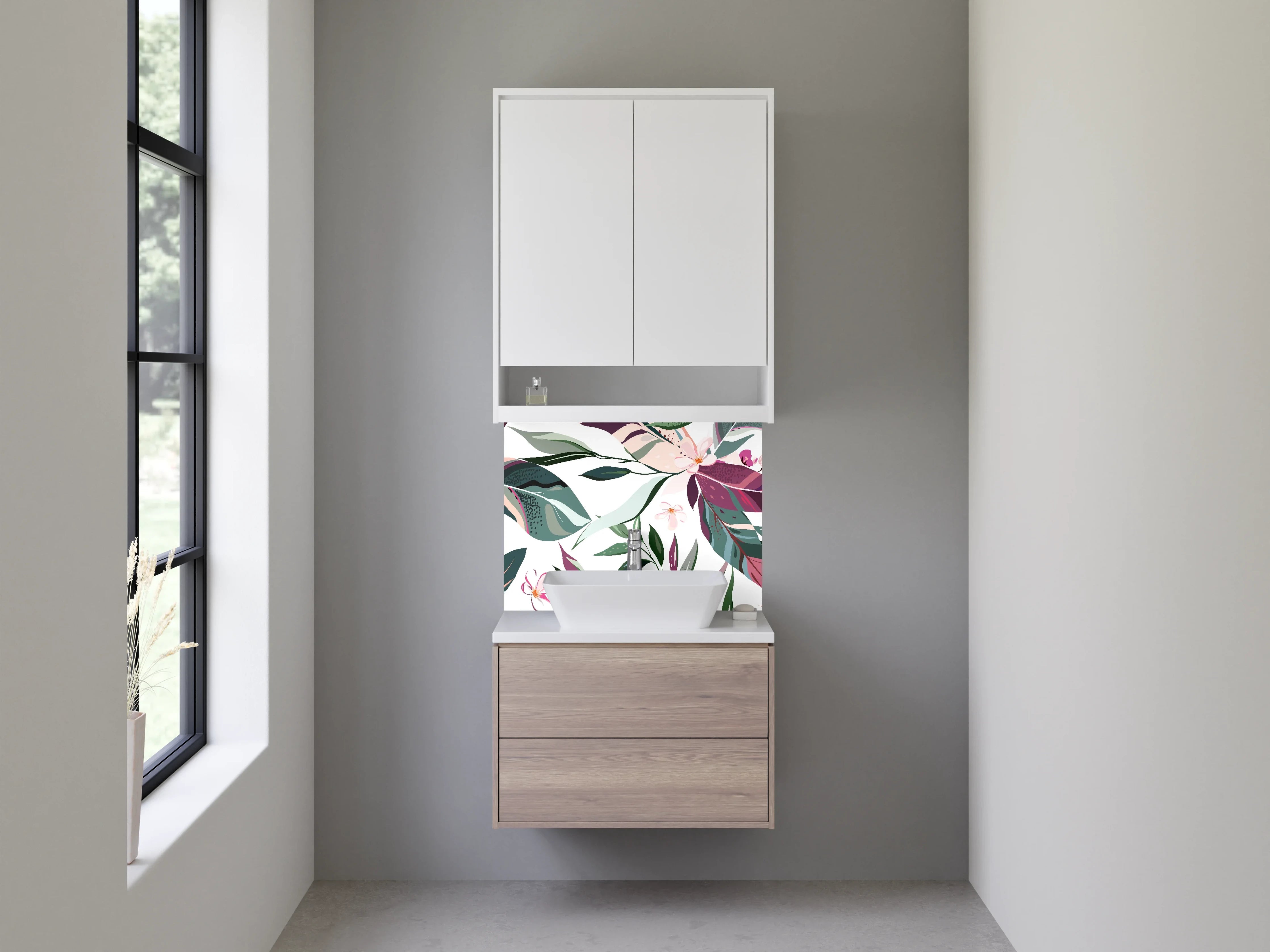 Waschbecken-Rückwand - Zarte Flora in Rosé, Jade und Silbergrau