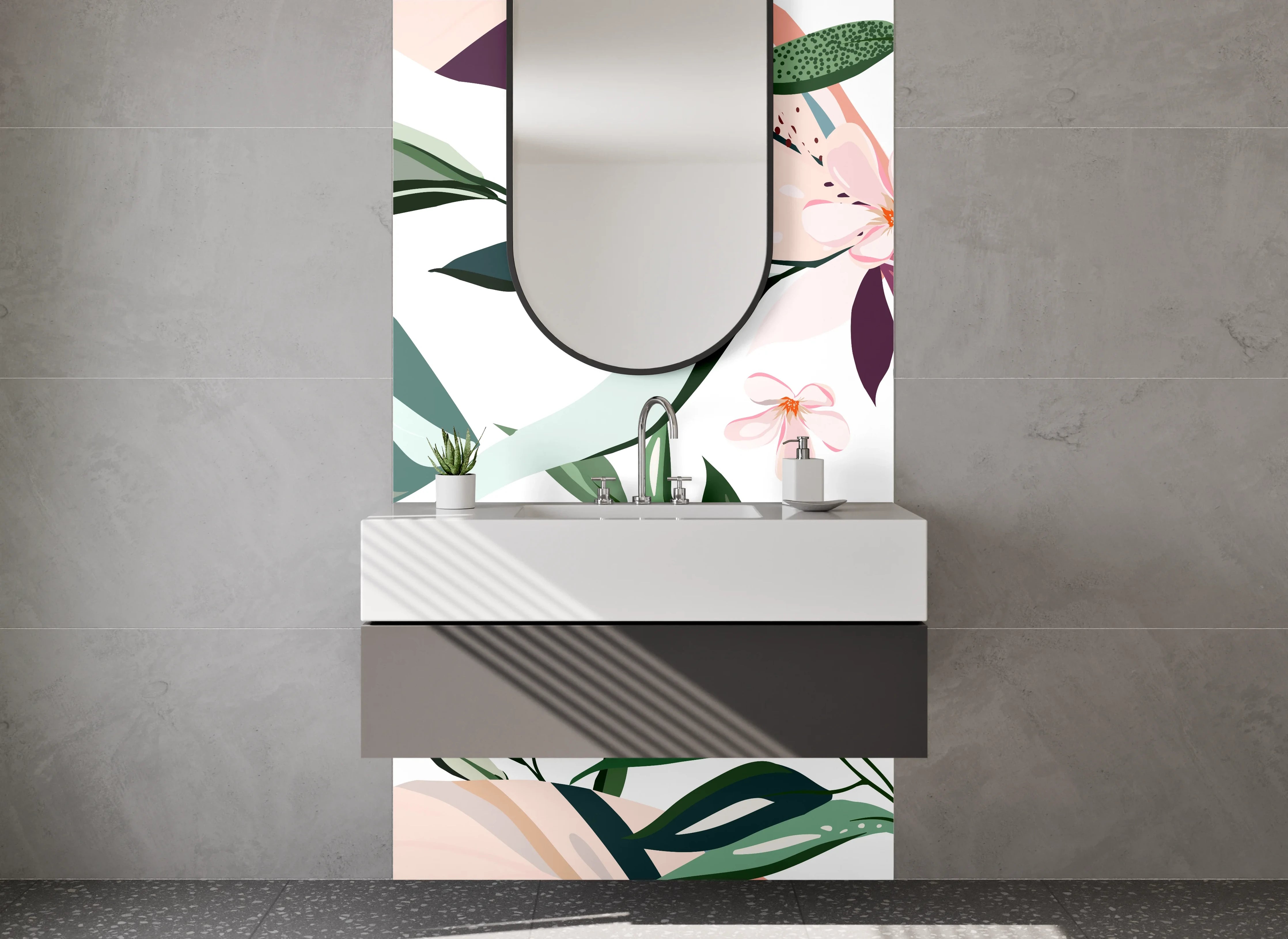 Waschbecken-Rückwand - Zarte Flora in Rosé, Jade und Silbergrau