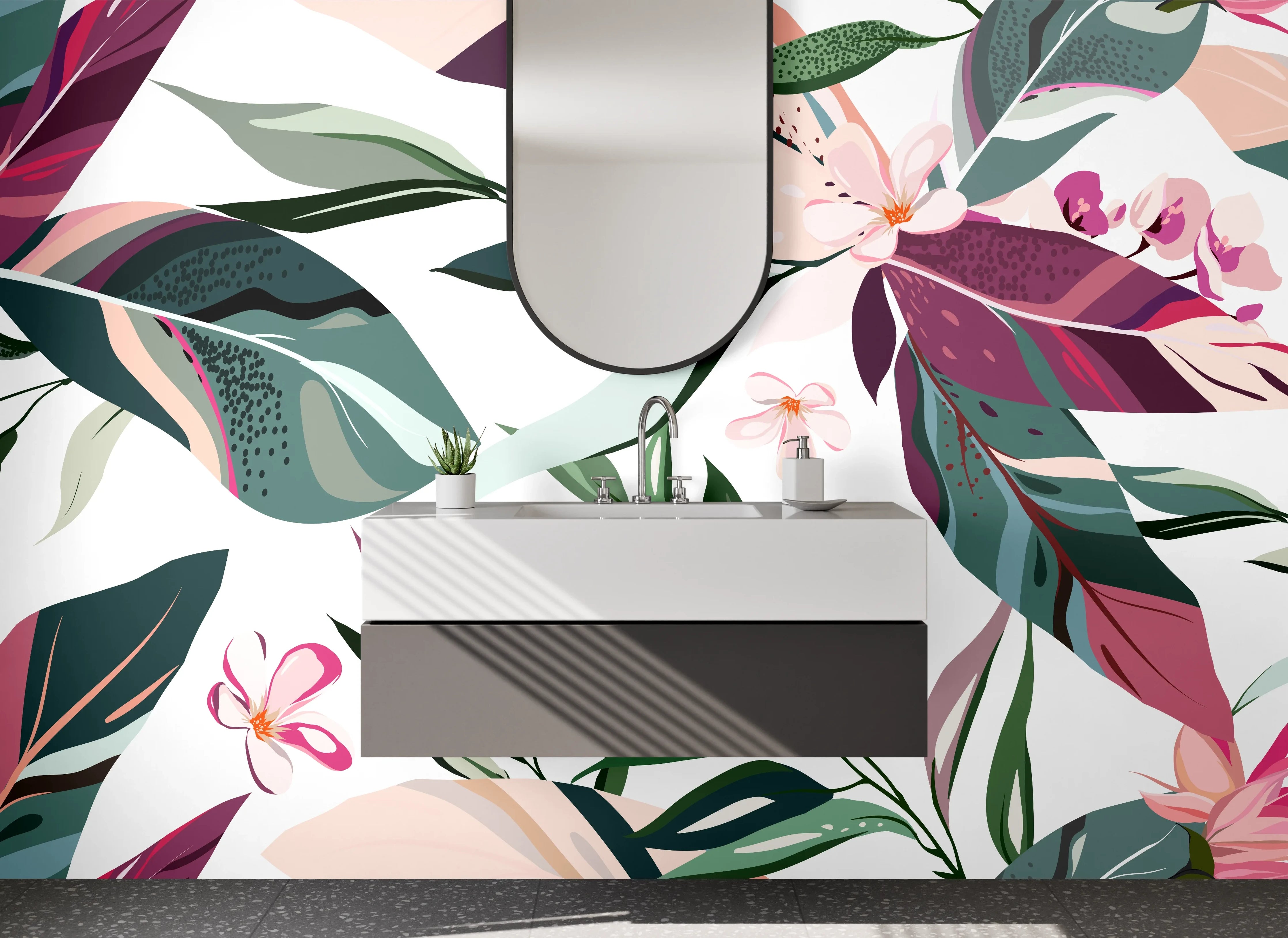 Waschbecken-Rückwand - Zarte Flora in Rosé, Jade und Silbergrau