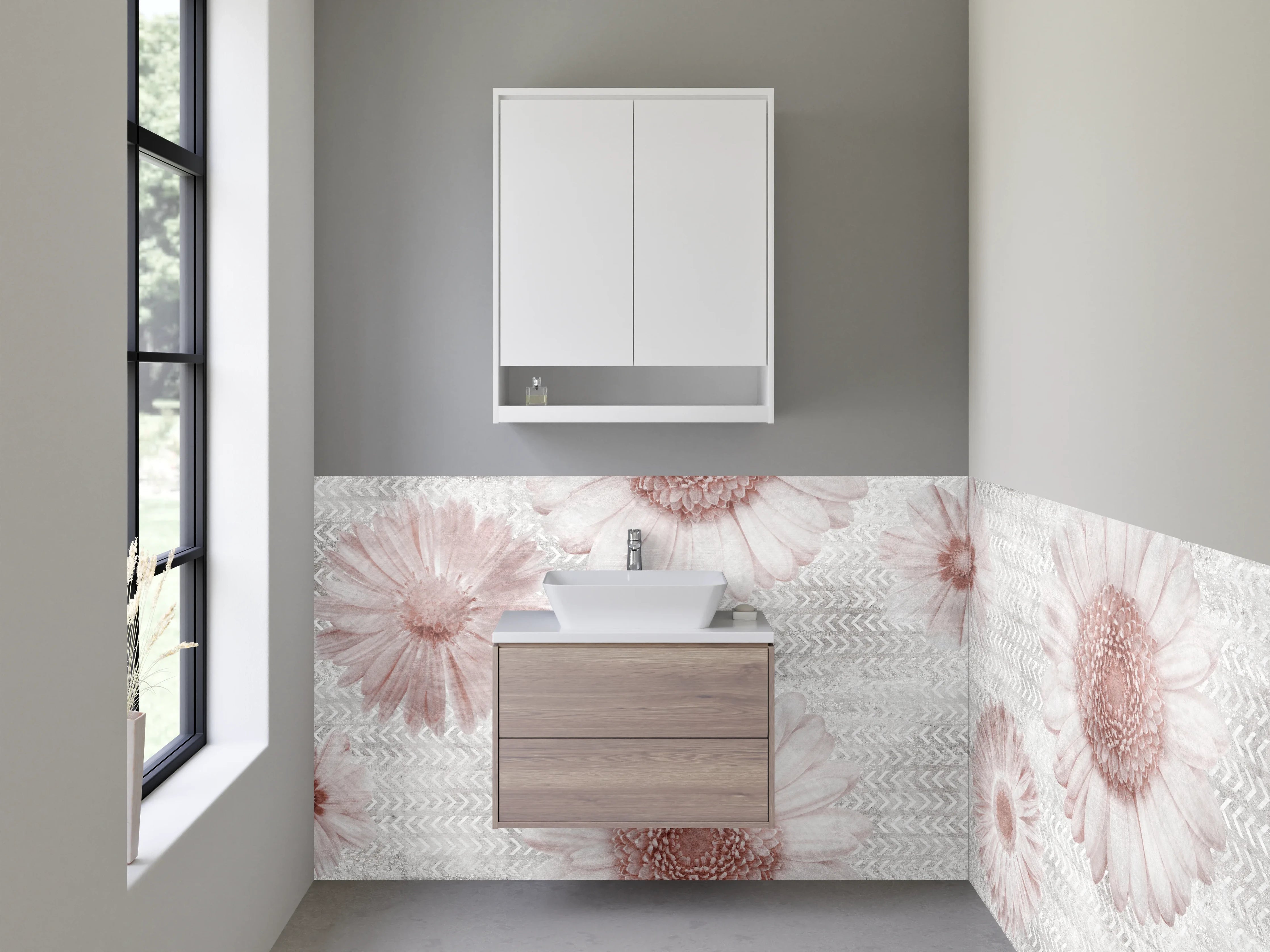 Waschbecken-Rückwand - Zarte Gänseblümchen auf weiß-grauem Grund