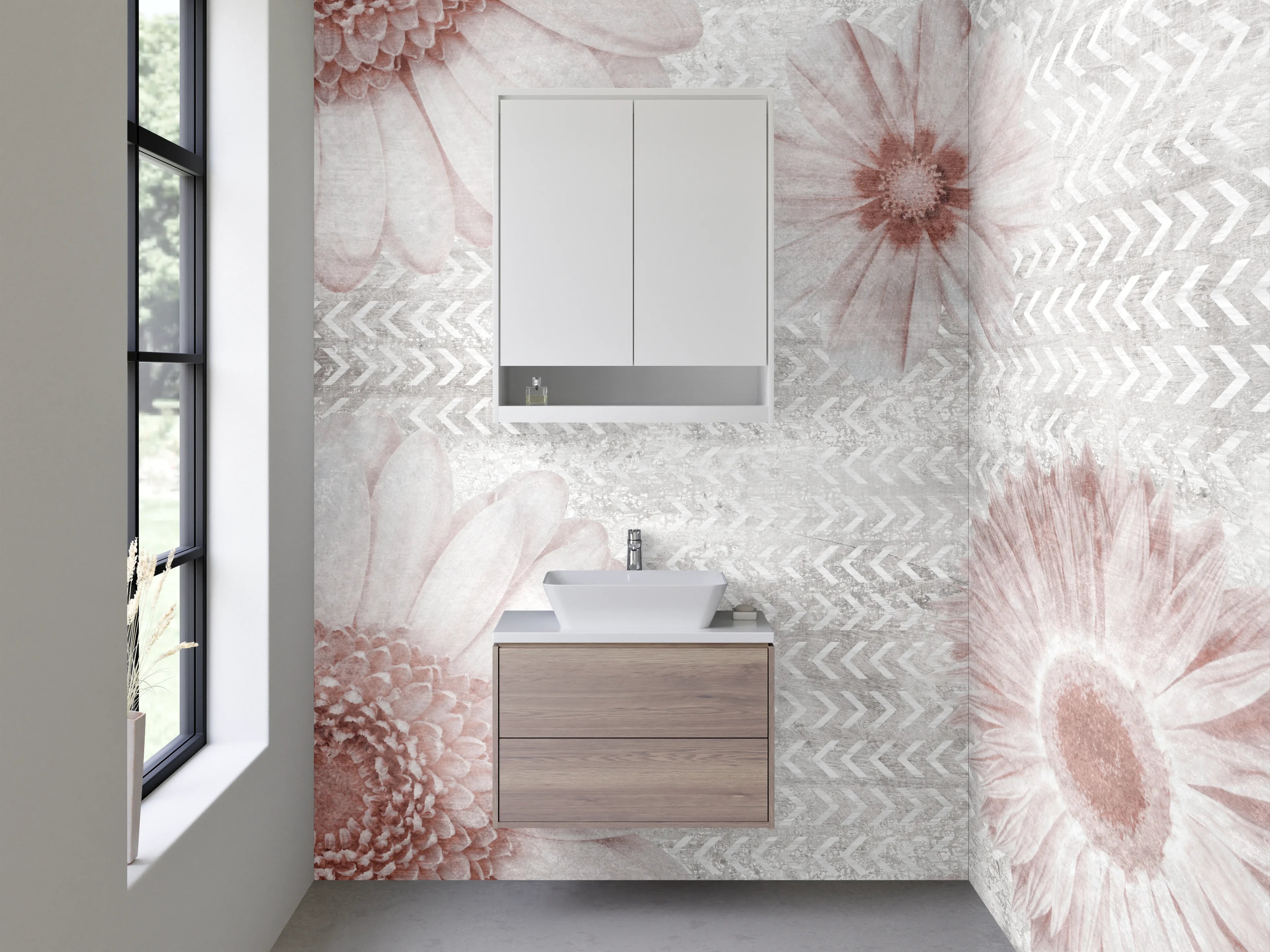 Waschbecken-Rückwand - Zarte Gänseblümchen auf weiß-grauem Grund