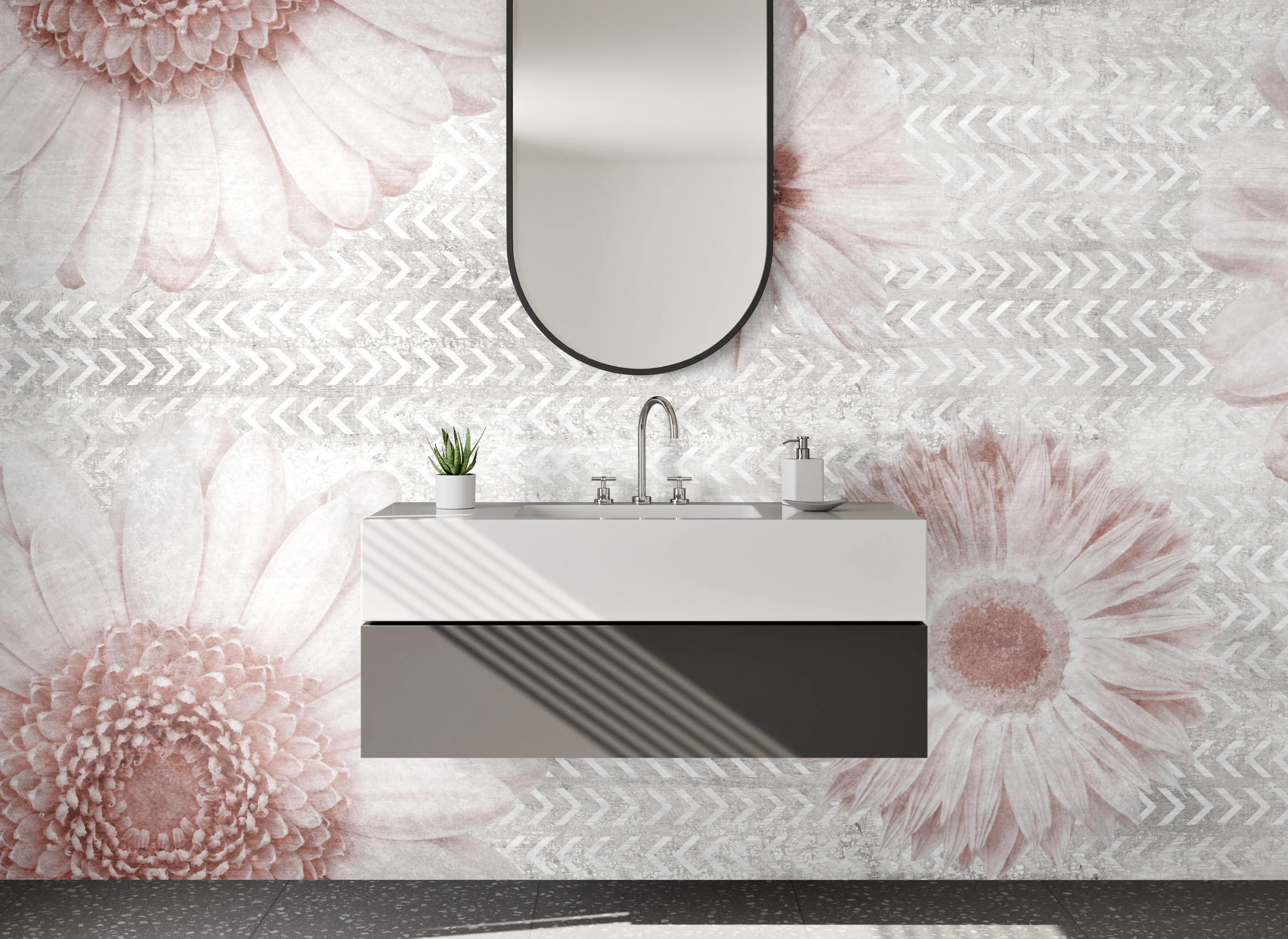 Waschbecken-Rückwand - Zarte Gänseblümchen auf weiß-grauem Grund