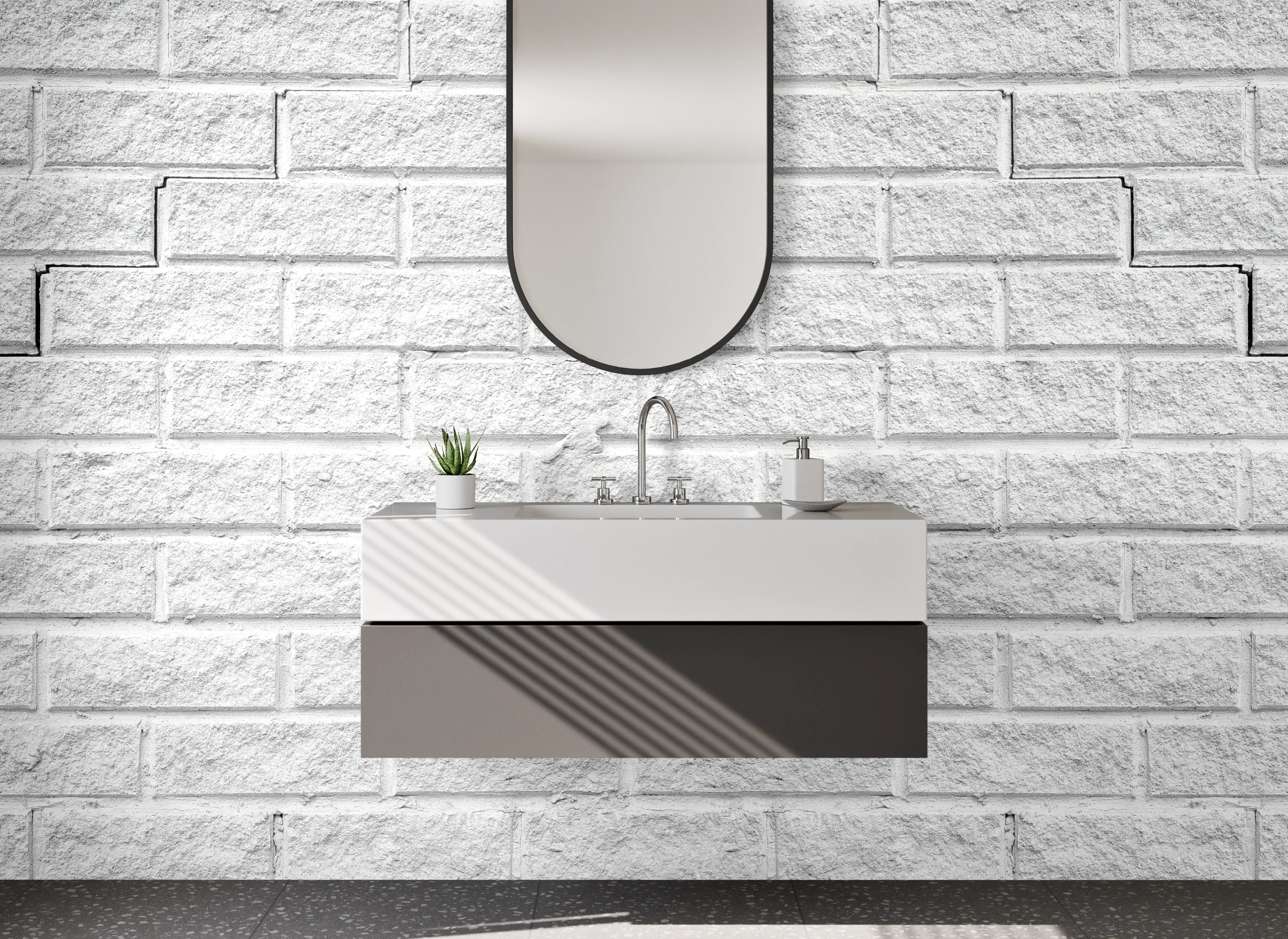 Waschbecken-Rückwand - Zarte Grautöne auf weißer Ziegelstruktur