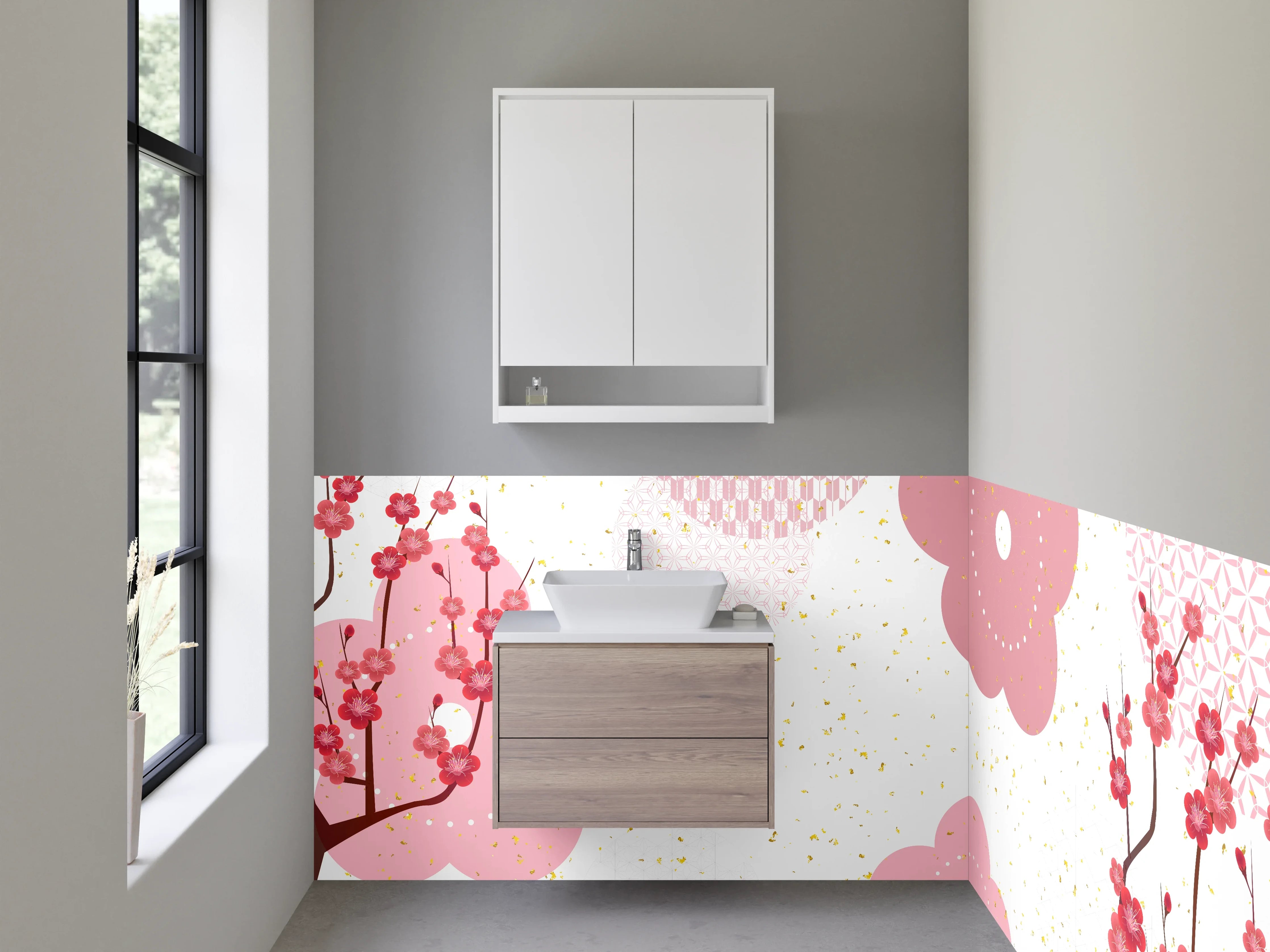 Waschbecken-Rückwand - Zarte Kirschblüten in Pastell Pink