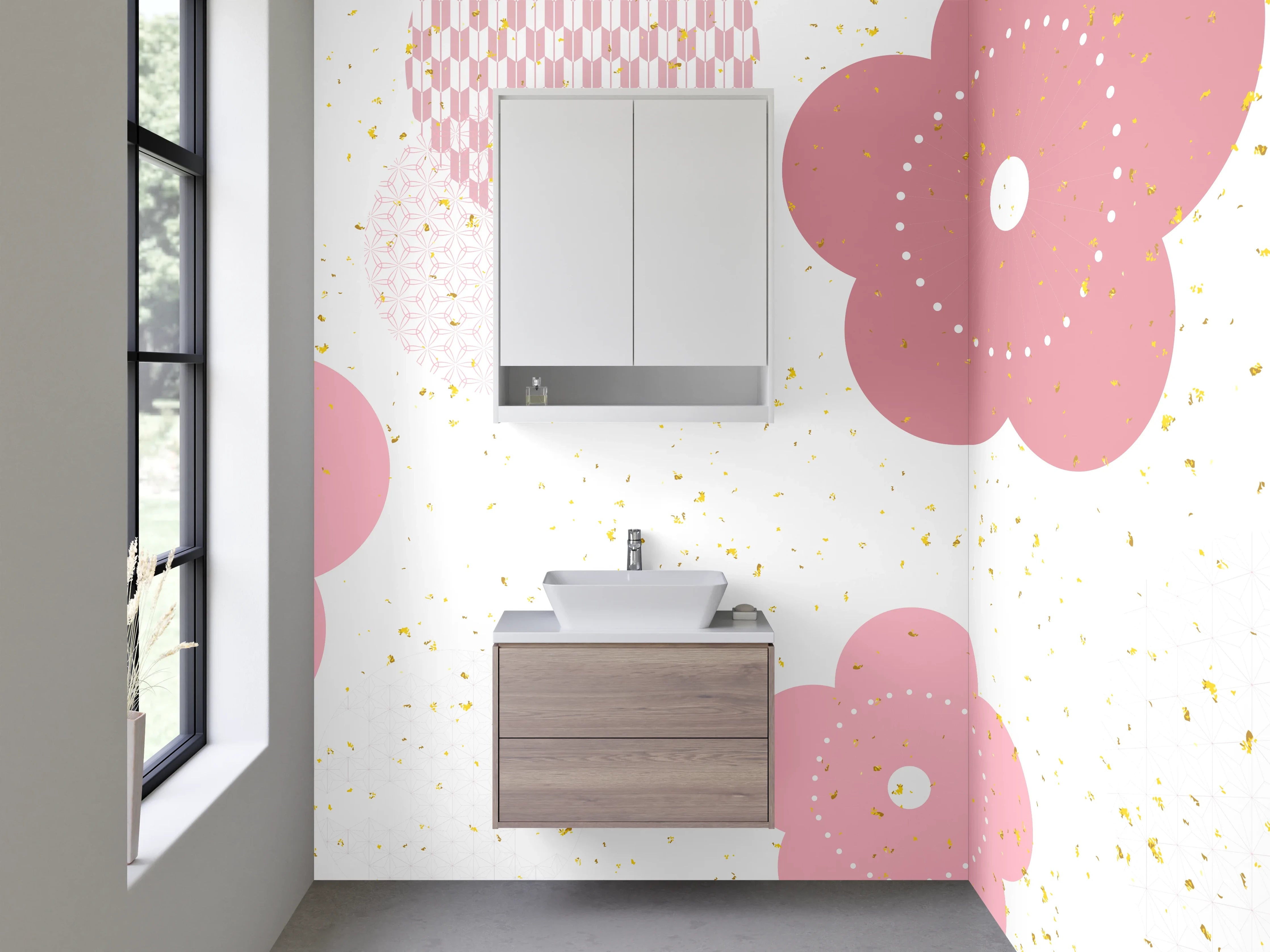 Waschbecken-Rückwand - Zarte Kirschblüten in Pastell Pink