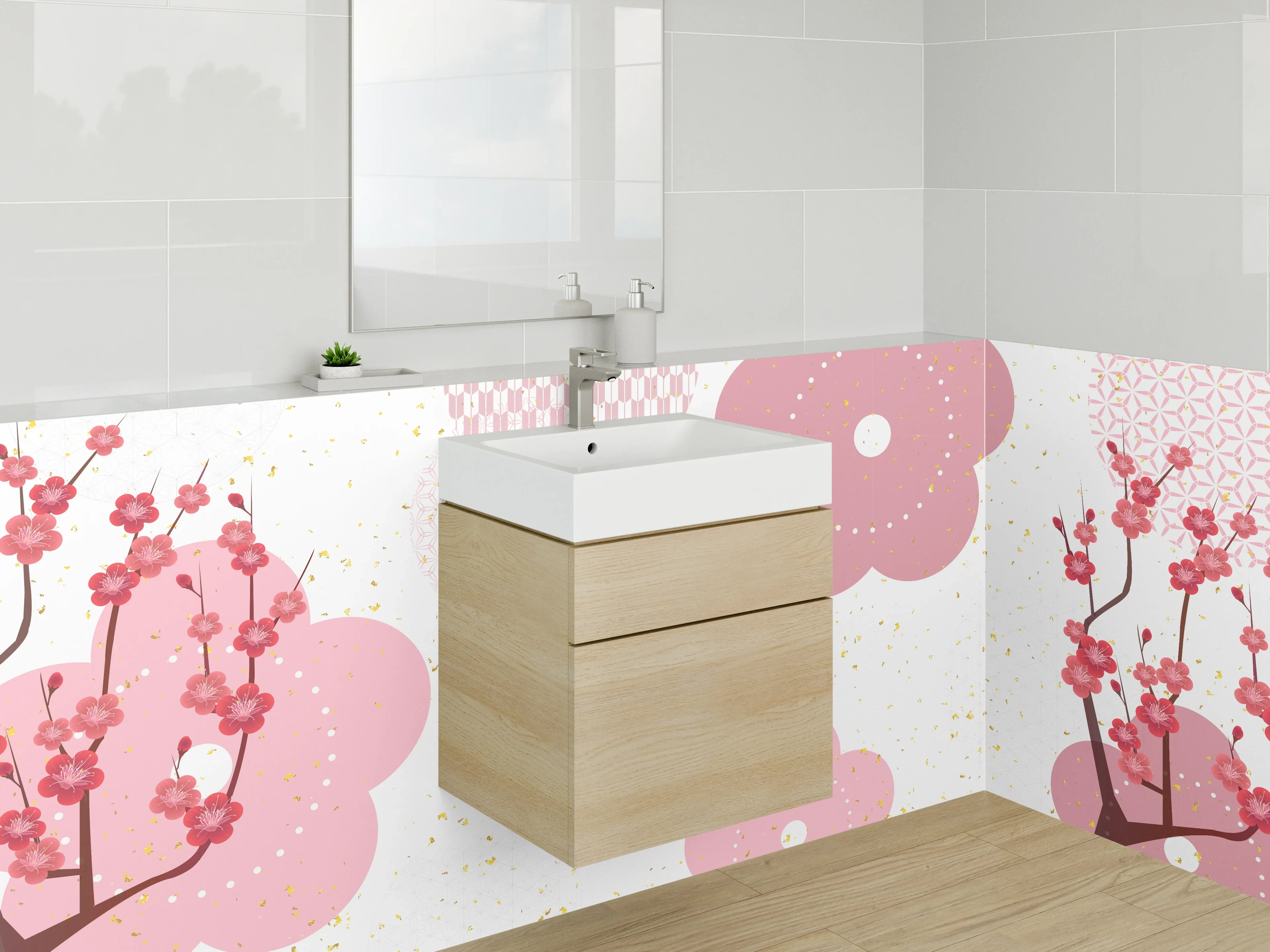 Waschbecken-Rückwand - Zarte Kirschblüten in Pastell Pink