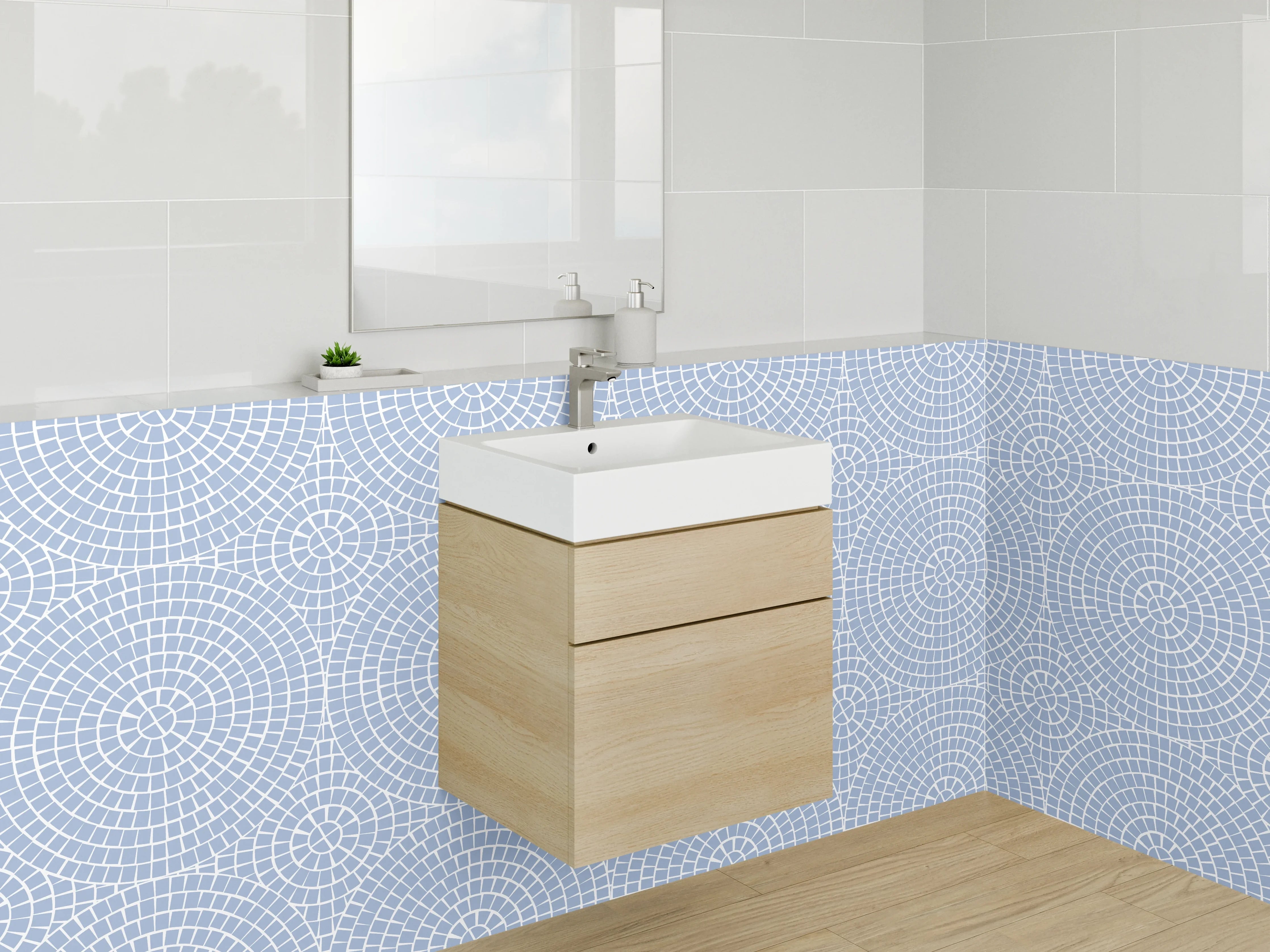 Waschbecken-Rückwand - Zarte Kreisornamente in Blau-Grau