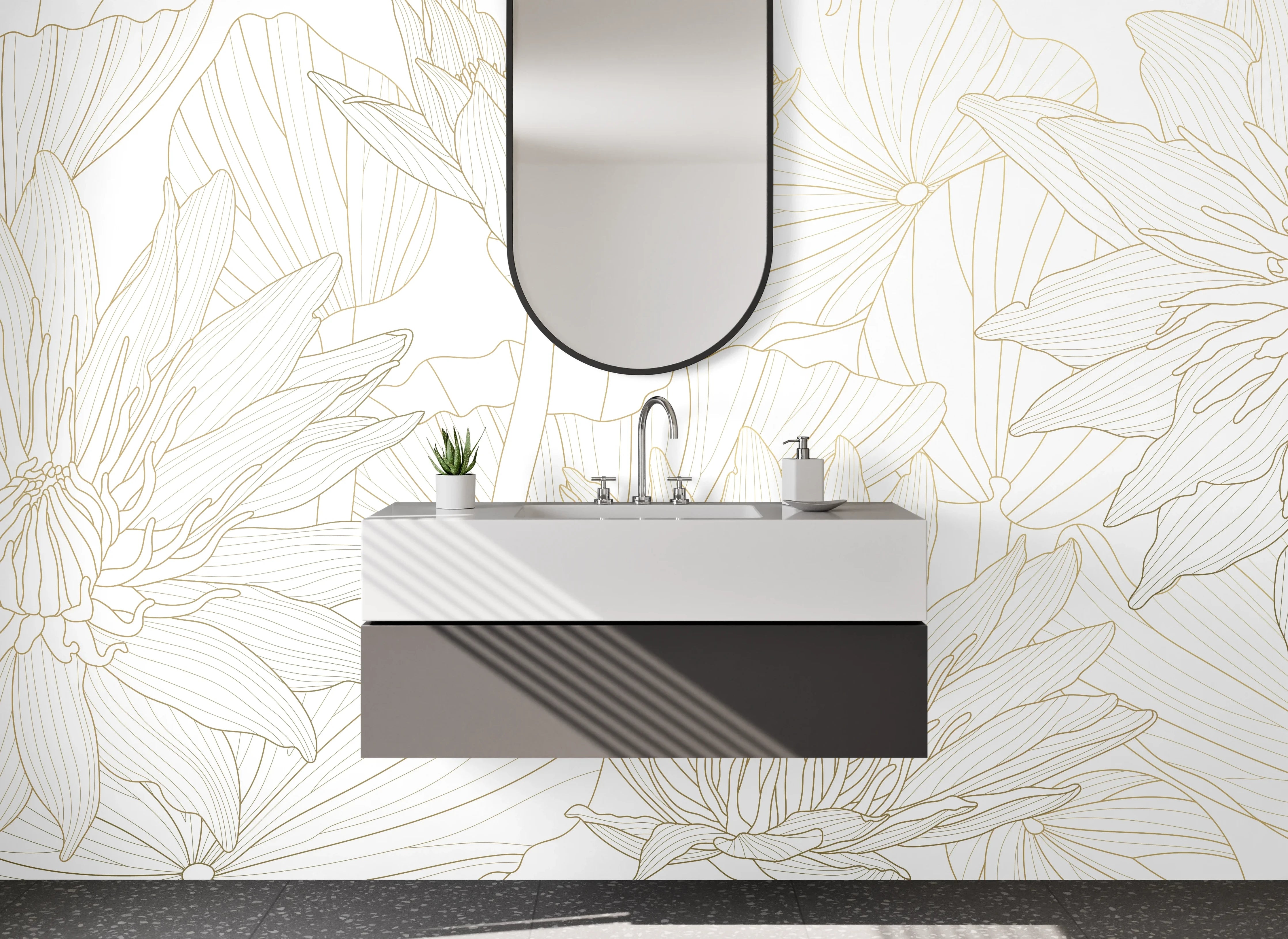 Waschbecken-Rückwand - Zarte Lineart Blumen Muster Weiß
