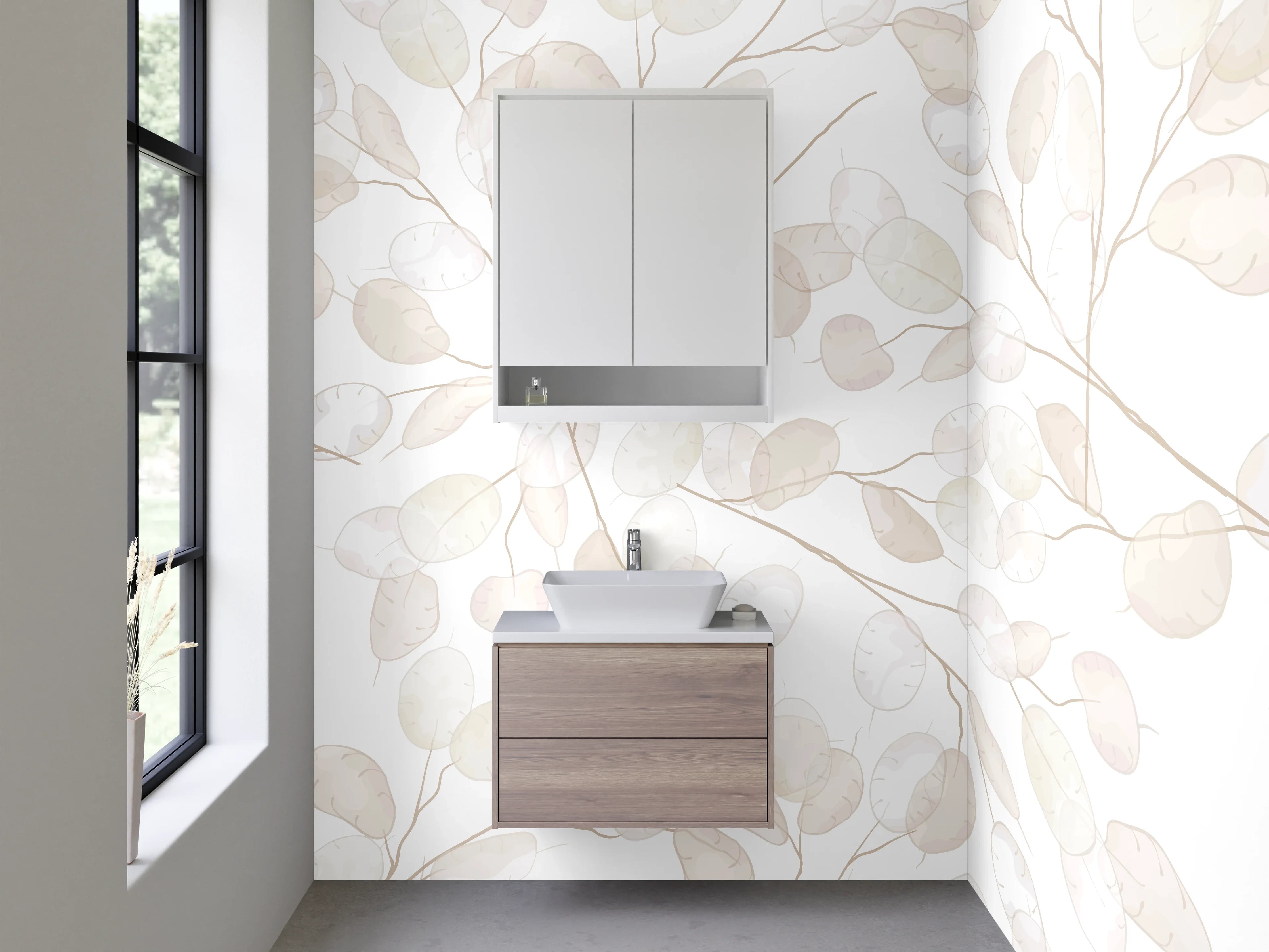 Waschbecken-Rückwand - Zarte Pflanzen Aquarell Beige Weiß
