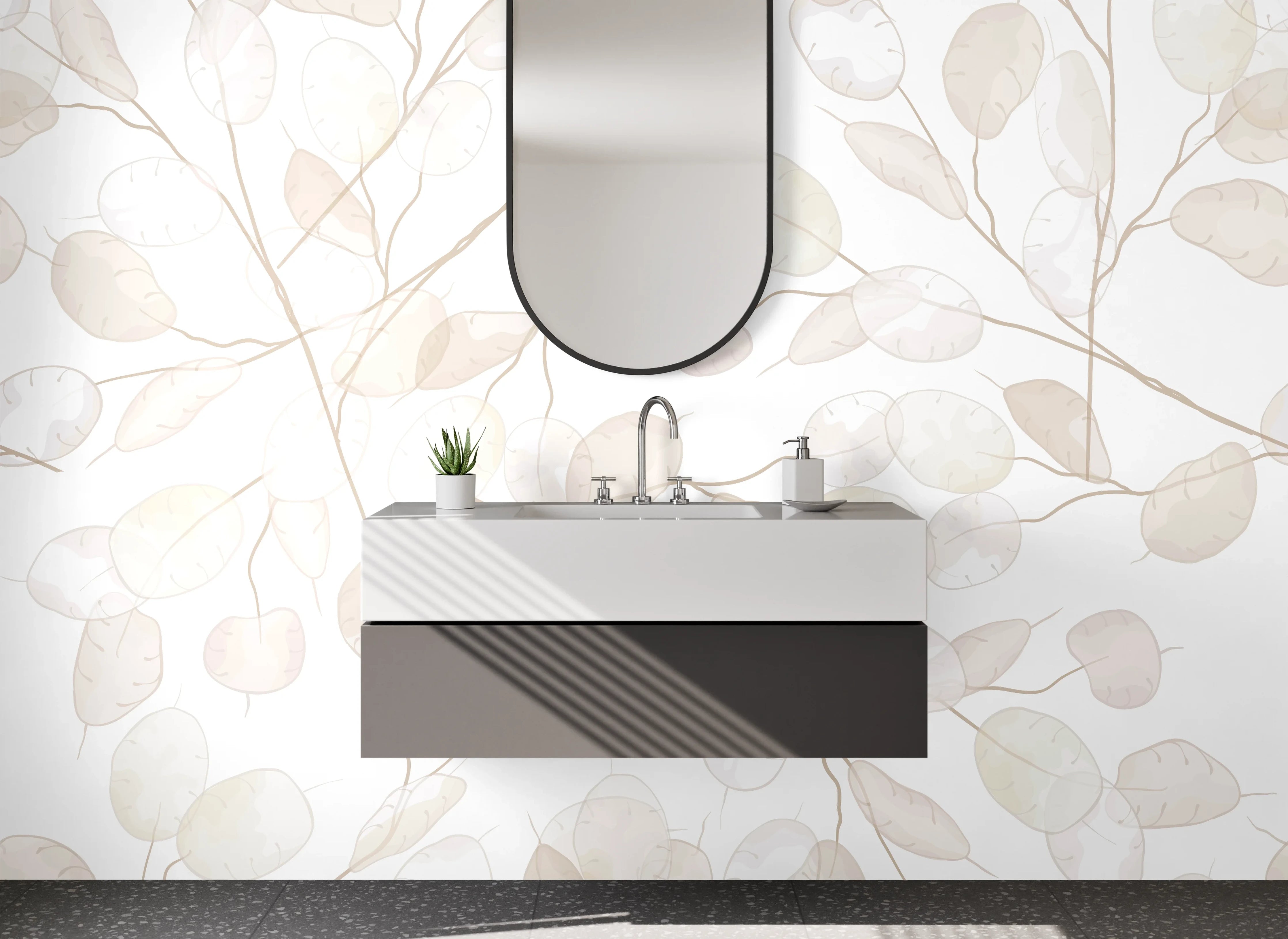 Waschbecken-Rückwand - Zarte Pflanzen Aquarell Beige Weiß