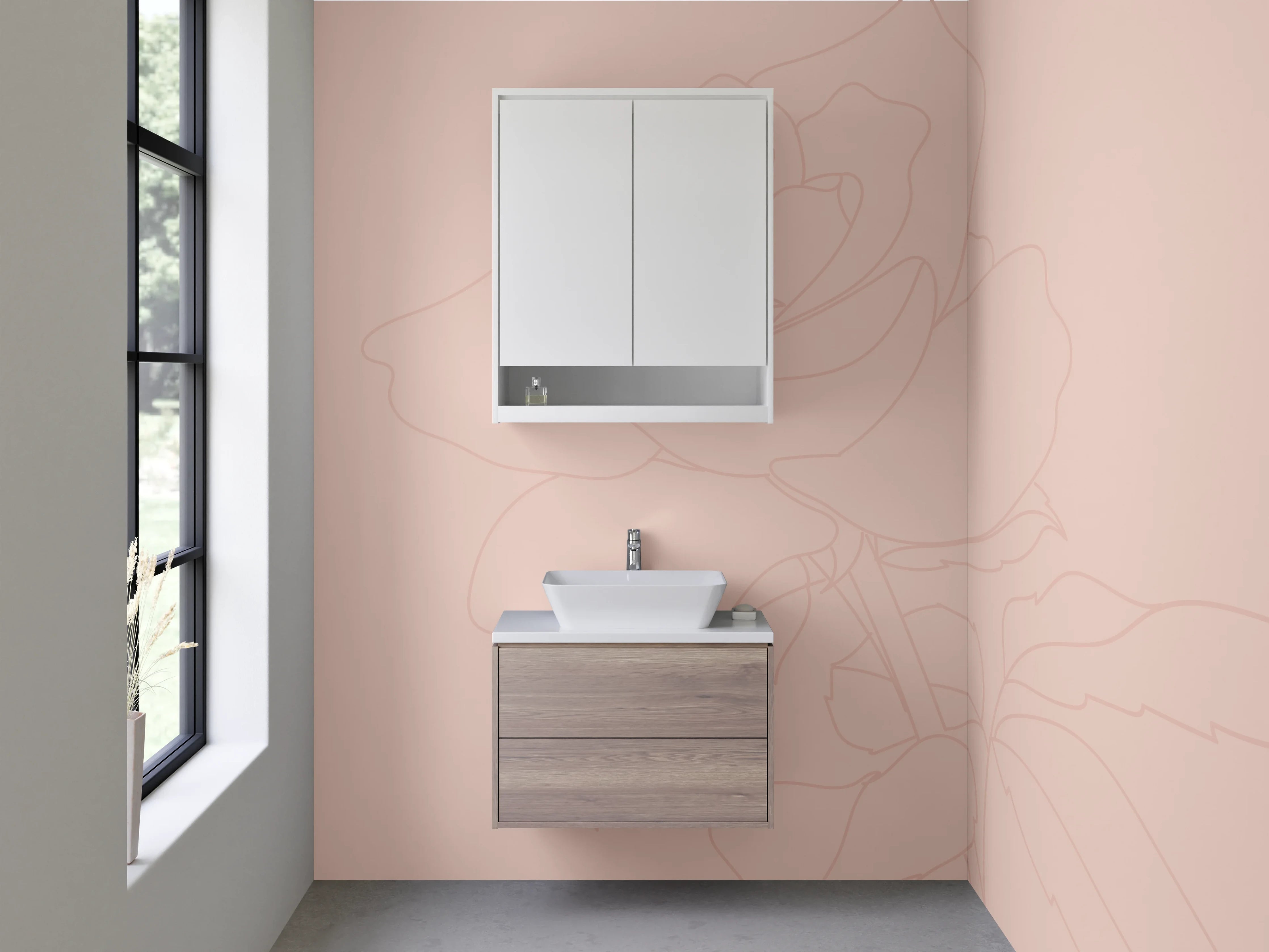 Waschbecken-Rückwand - Zarte Rosen Lineart auf Beige