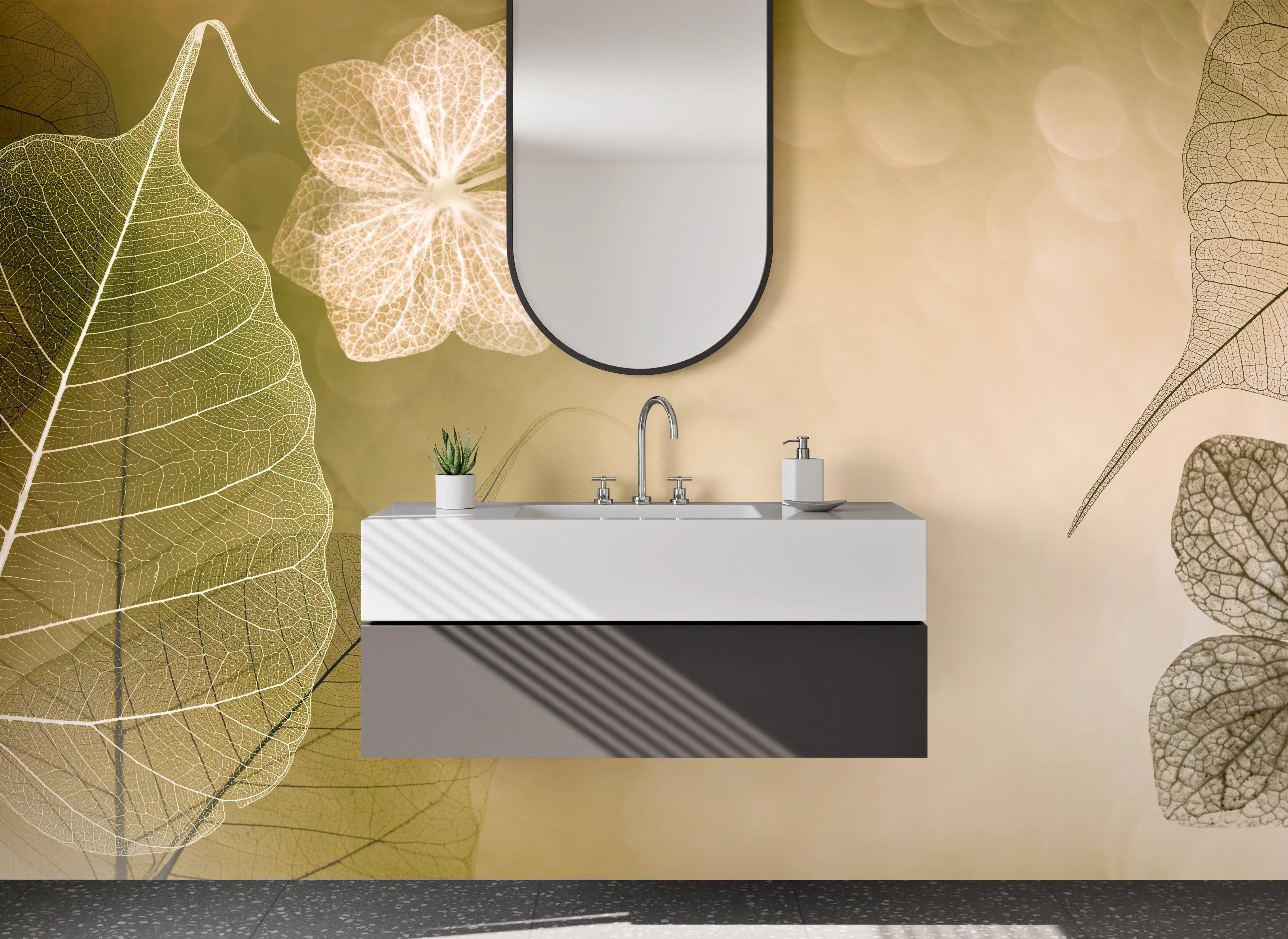 Waschbecken-Rückwand - Zarte Skelettblätter auf Beige