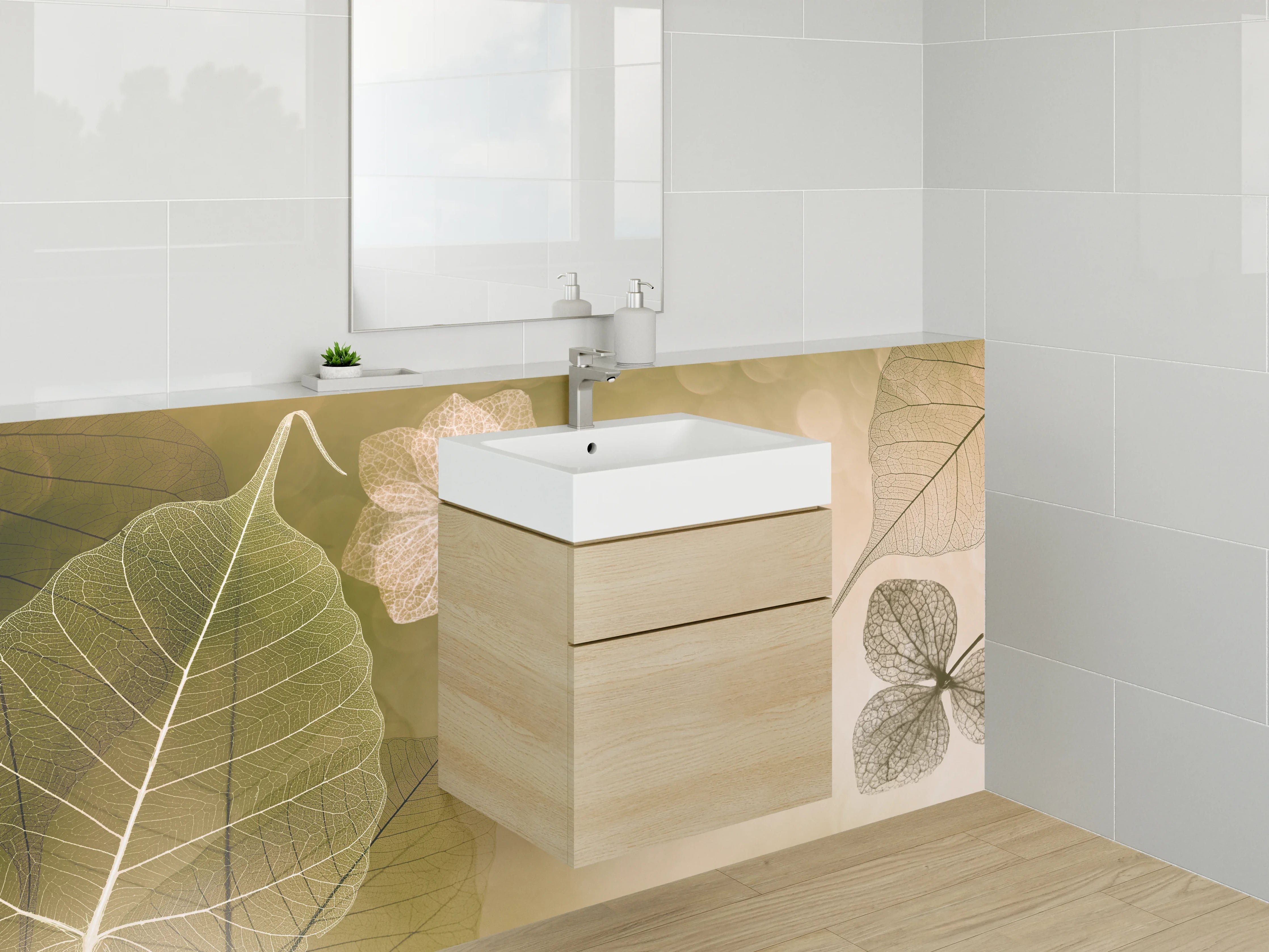 Waschbecken-Rückwand - Zarte Skelettblätter auf Beige