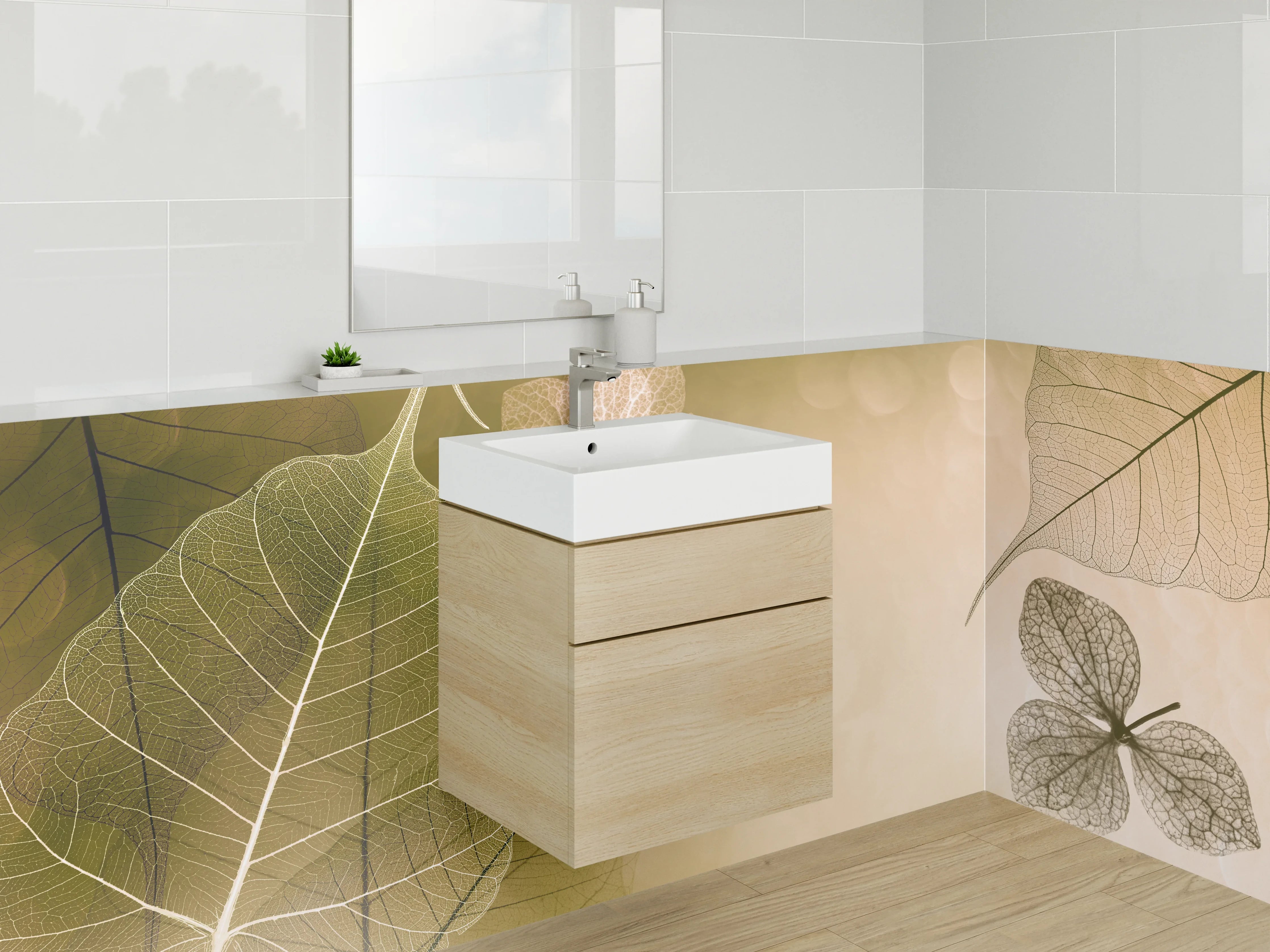 Waschbecken-Rückwand - Zarte Skelettblätter auf Beige