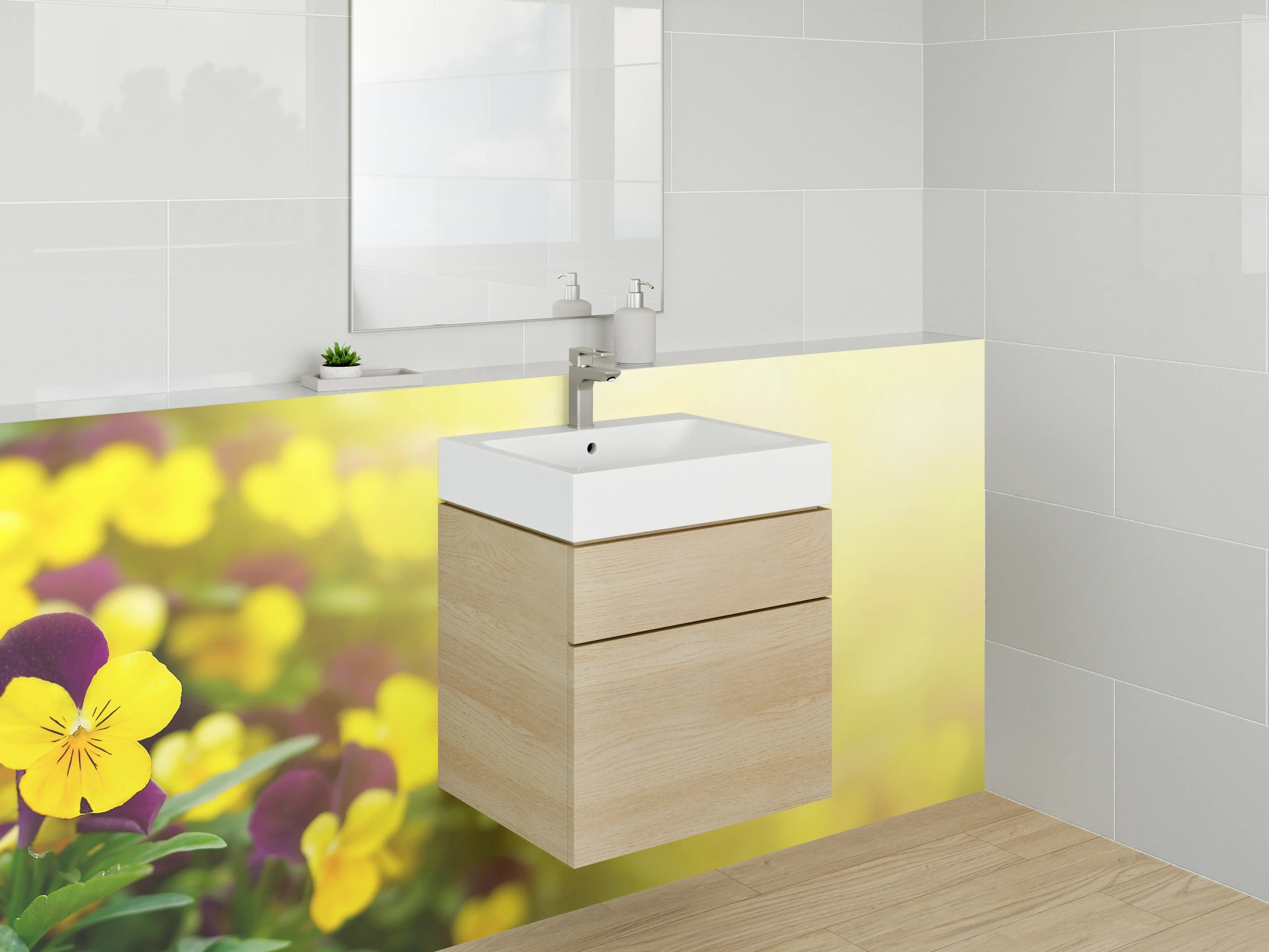 Waschbecken-Rückwand - Zarte Stiefmütterchen auf gelbem Feld