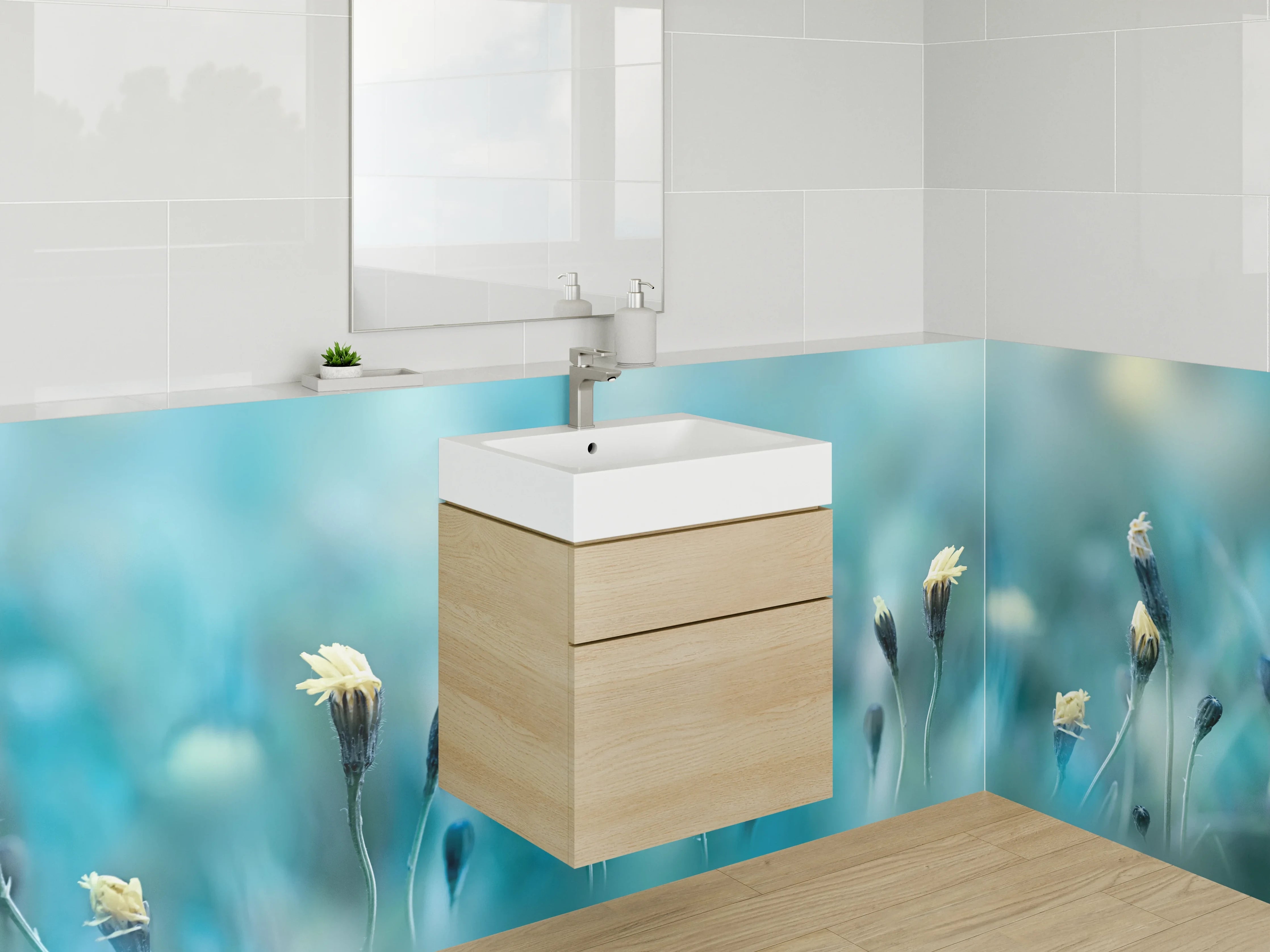 Waschbecken-Rückwand - Zarte Wildblumen auf Türkis