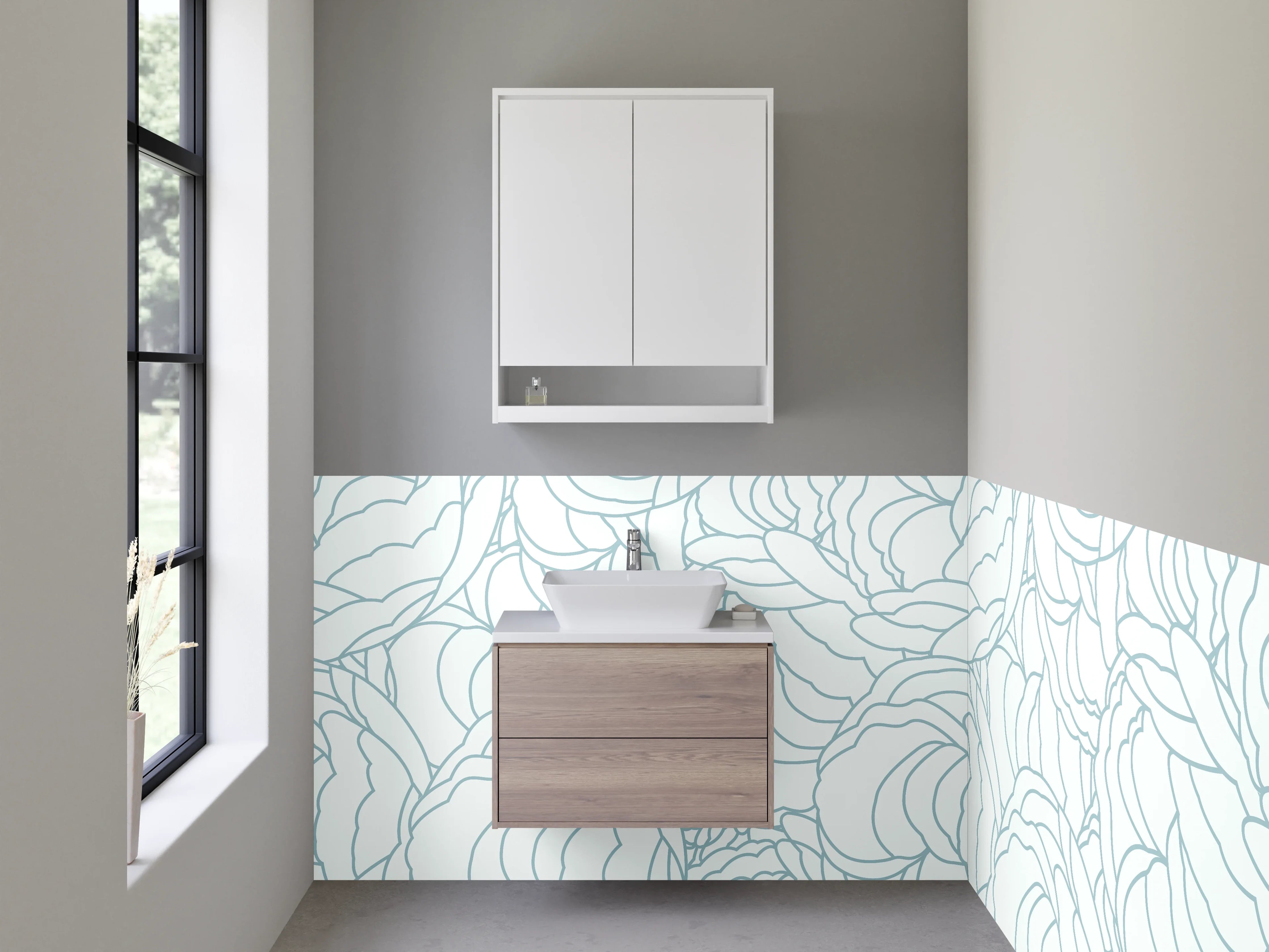 Waschbecken-Rückwand - Zarte florale Lineart Blau Weiß